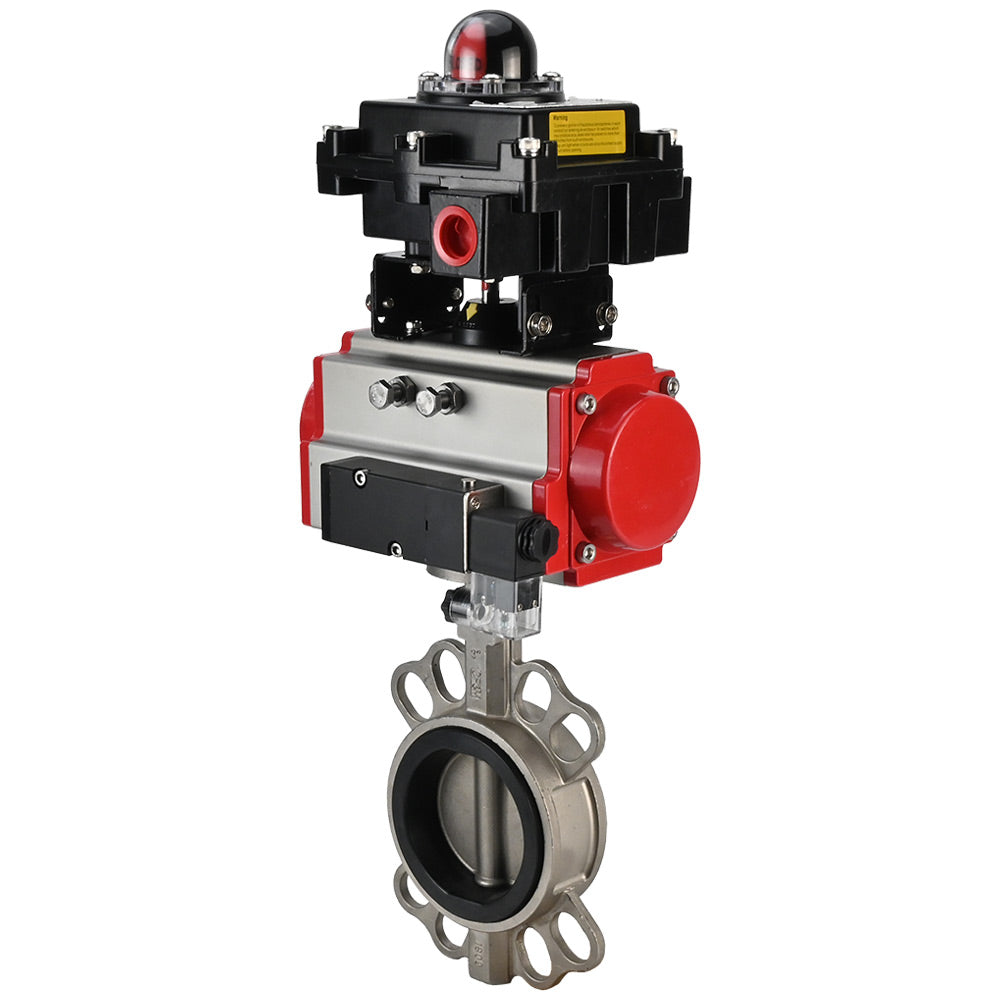 Water Butterfly Valve Elephant WBV3131N-2W-Fb-H, Gehäusematerial - Edelstahl AISI 304, Scheibenmaterial - Edelstahl AISI 304, Dichtung - NBR, pneumatischer Antrieb PA-SA mit Rückstellfedern, 4V320-10 220V, LSU APL-510N EX