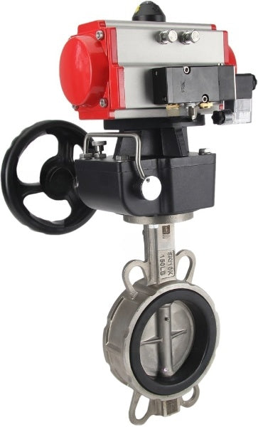 Water Butterfly Valve Elephant WBV3131N-2W-Fb-H, Gehäusematerial - Edelstahl AISI 304, Scheibenmaterial - Edelstahl AISI 304, Dichtung - NBR, pneumatischer Antrieb PA-DA Doppelwirkung, 4V320-08 220V Handrad MON