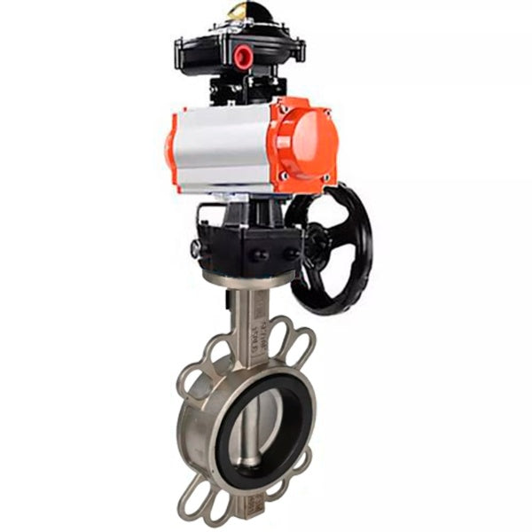 Water Butterfly Valve Elephant WBV3131N-2W-Fb-H, Gehäusematerial - Edelstahl AISI 304, Scheibenmaterial - Edelstahl AISI 304, Dichtung - NBR, pneumatischer Antrieb PA-DA Doppelwirkung, LSU APL-410N EX, Handrad MON