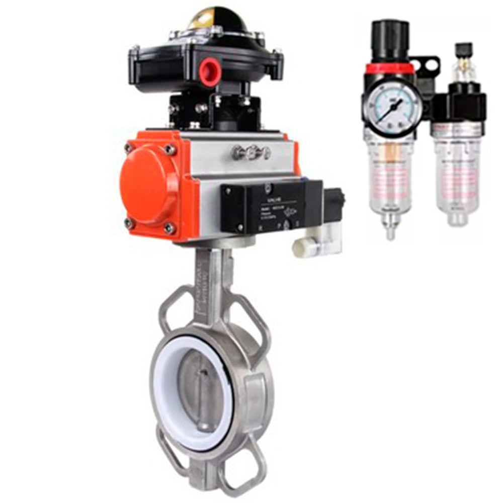 Water Butterfly Valve Elephant WBV3131P-2W-Fb-H, Gehäusematerial - Edelstahl AISI 304, Scheibenmaterial - Edelstahl AISI 304, Dichtung - PTFE, pneumatischer Antrieb PA-DA Doppelwirkung, 4M310-08 220V, LSU APL-410N EX ATU AFC2000
