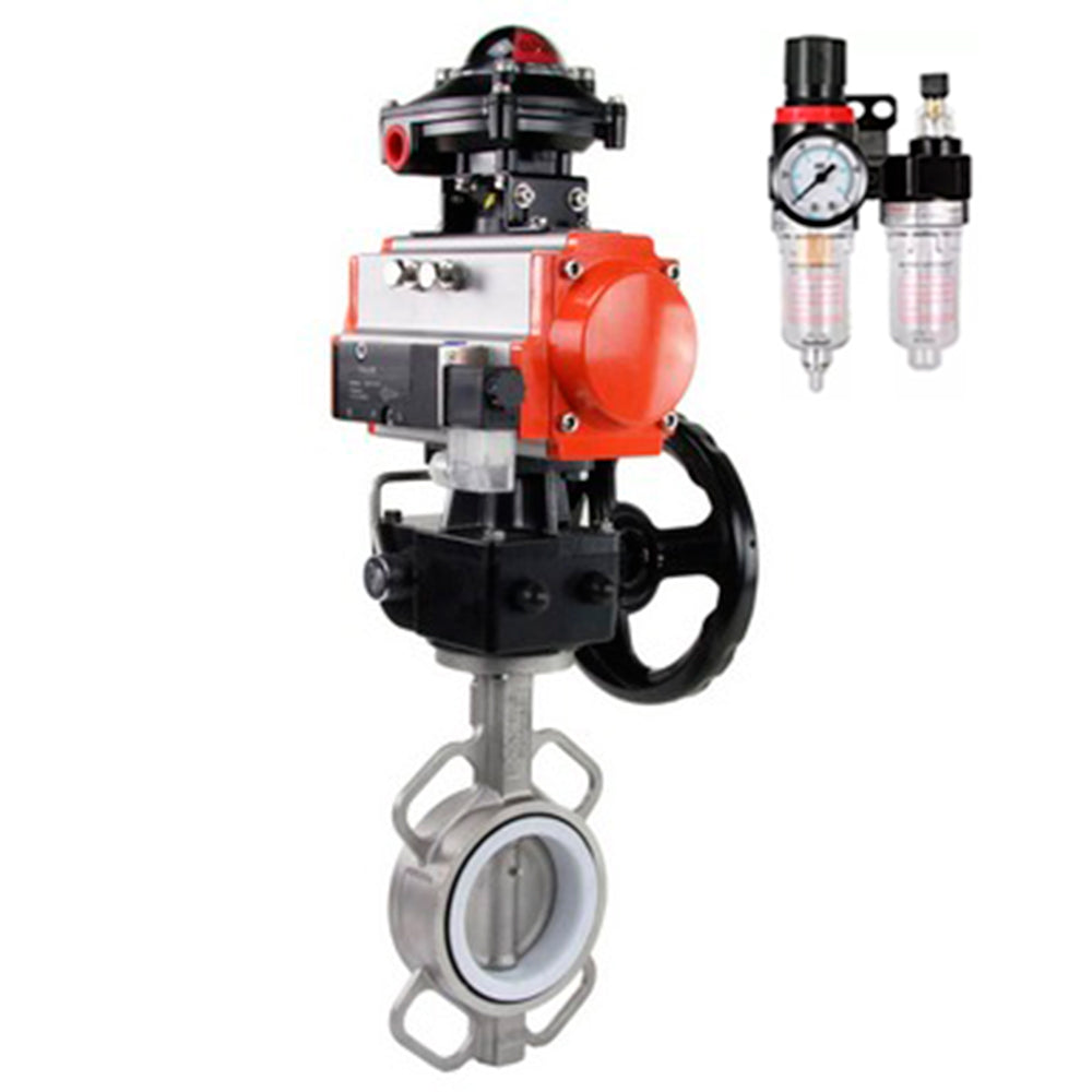 Water Butterfly Valve Elephant WBV3131P-2W-Fb-H, Gehäusematerial - Edelstahl AISI 304, Scheibenmaterial - Edelstahl AISI 304, Dichtung - PTFE, pneumatischer Antrieb PA-DA Doppelwirkung, 4V320-08 220V, LSU APL-410N EX, Handrad MON, ATU AFC2000