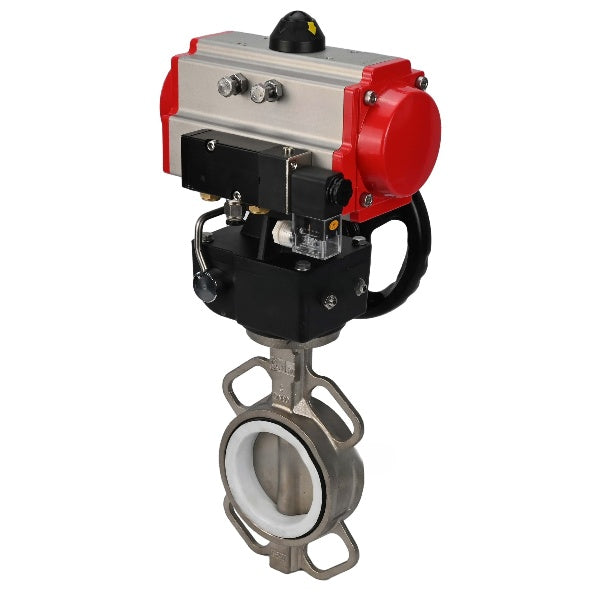 Water Butterfly Valve Elephant WBV3131P-2W-Fb-H, Gehäusematerial - Edelstahl AISI 304, Scheibenmaterial - Edelstahl AISI 304, Dichtung - PTFE, pneumatischer Antrieb PA-DA Doppelwirkung, 4M310-08 24V Handrad MON