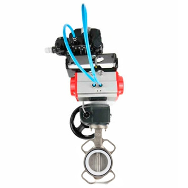 Water Butterfly Valve Elephant WBV3131P-2W-Fb-H, Gehäusematerial - Edelstahl AISI 304, Scheibenmaterial - Edelstahl AISI 304, Dichtung - PTFE, pneumatischer Antrieb PA-DA Doppelwirkung, Positionsregler YT-1000RSN mit Rückmeldung, Handrad MON