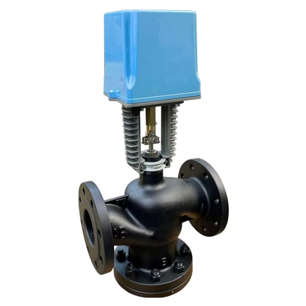 Dreiwege-Regelventil Elephant VRg3M/S-H-34M-PED-F, Gehäusematerial - Kohlenstoffstahl A216, Sperrgehäusematerial - Edelstahl AISI 304, Dichtung - Metall, mit elektrischem Antrieb DAV 24V