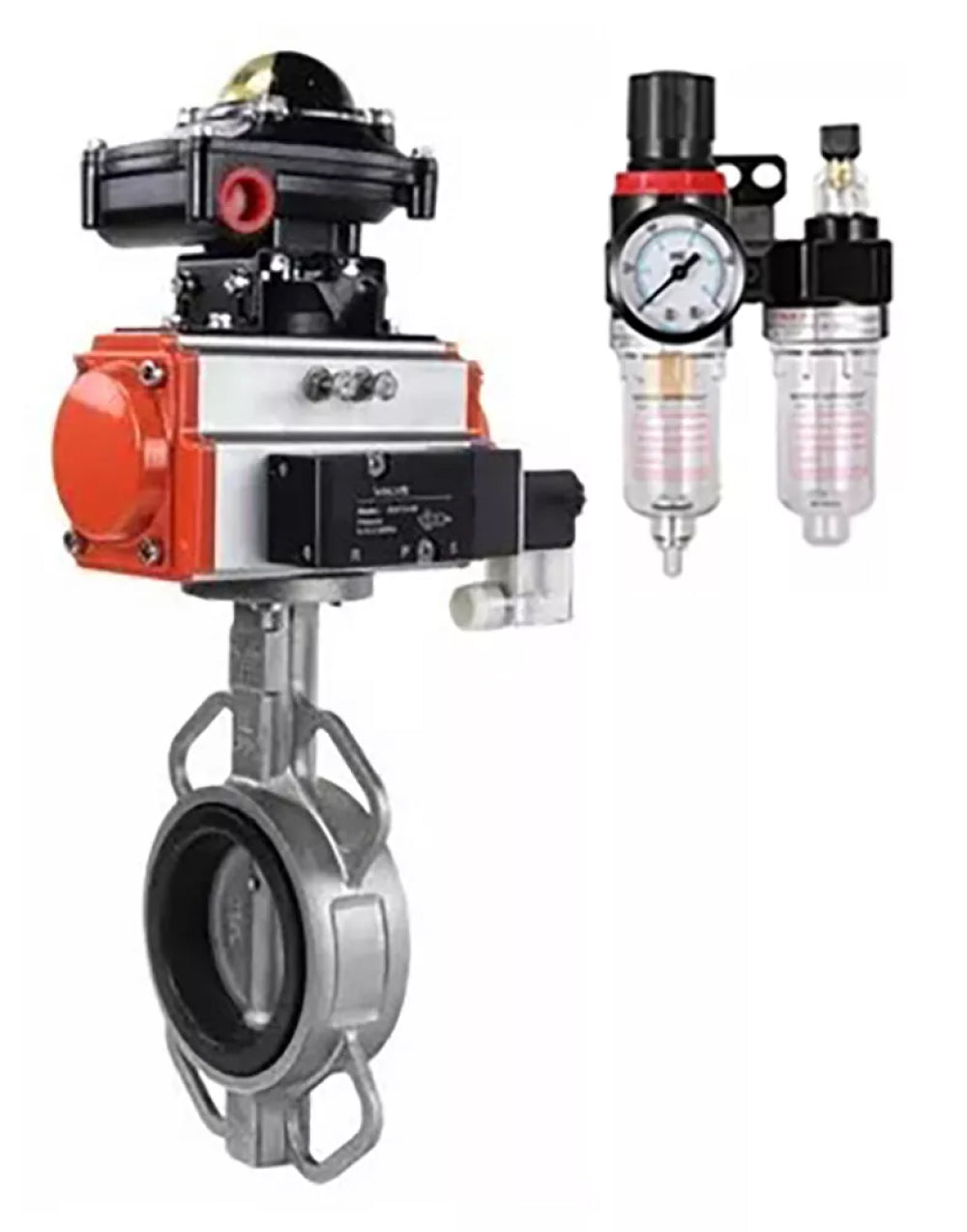 Water Butterfly Valve Elephant WBV3232E-2W-Fb-H, Gehäusematerial - Edelstahl AISI 316L, Scheibenmaterial - Edelstahl AISI 316L, Dichtung - EPDM, mit pneumatischem Doppelwirkungsantrieb PA-DA, 4V320-08 220V, LSU APL-510N-EX, ATU AFC2000