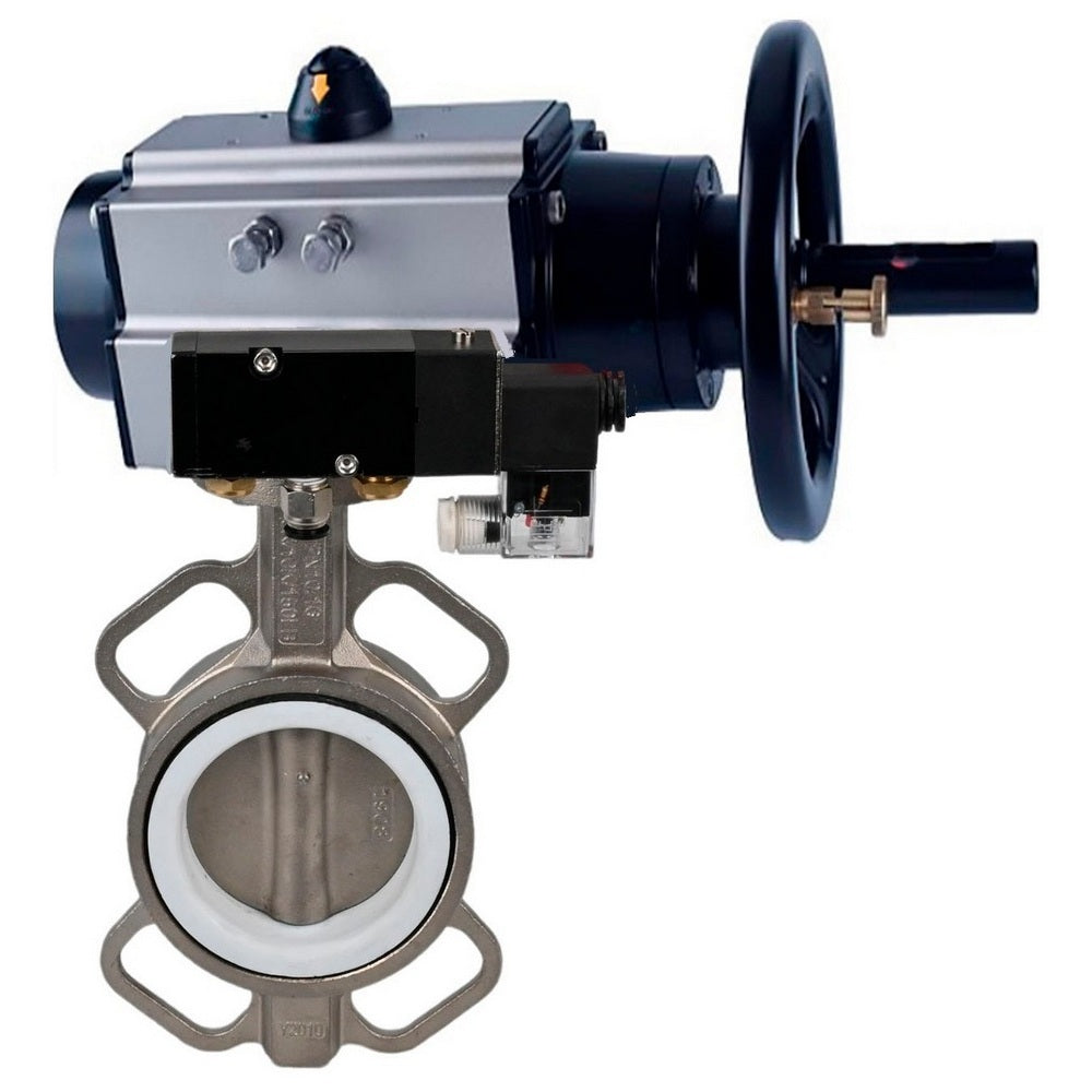 Wasser-Drosselklappe Elephant WBV3232E-2W-Fb Gehäusematerial - Edelstahl AISI 316L/1.4404, Scheibenmaterial - Edelstahl AISI 316L/1.4404, Dichtung - EPDM mit pneumatischem Antrieb doppeltwirkend PA-DA-105-1, pneumatischer Verteiler 4V320-08 220V