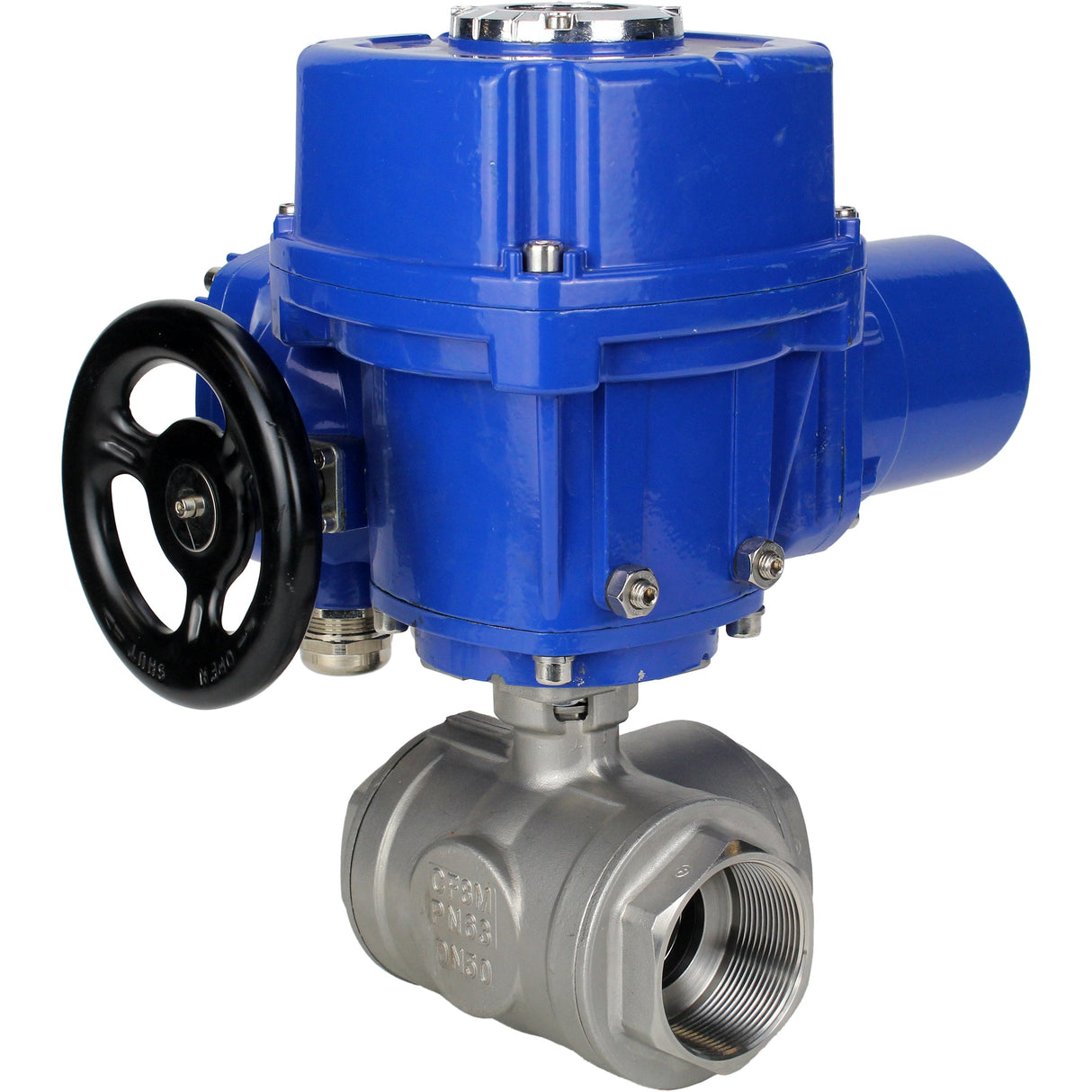 Edelstahl-Kugelhahn Elephant RP.SS316.200.MM.ISO 914 PSI mit Gewinde, Standardanschluss, Dreiweg, L-Typ, Gehäusematerial - Edelstahl AISI 316, mit elektrischem Schwenkantrieb Elephant QT-W (M) 220V