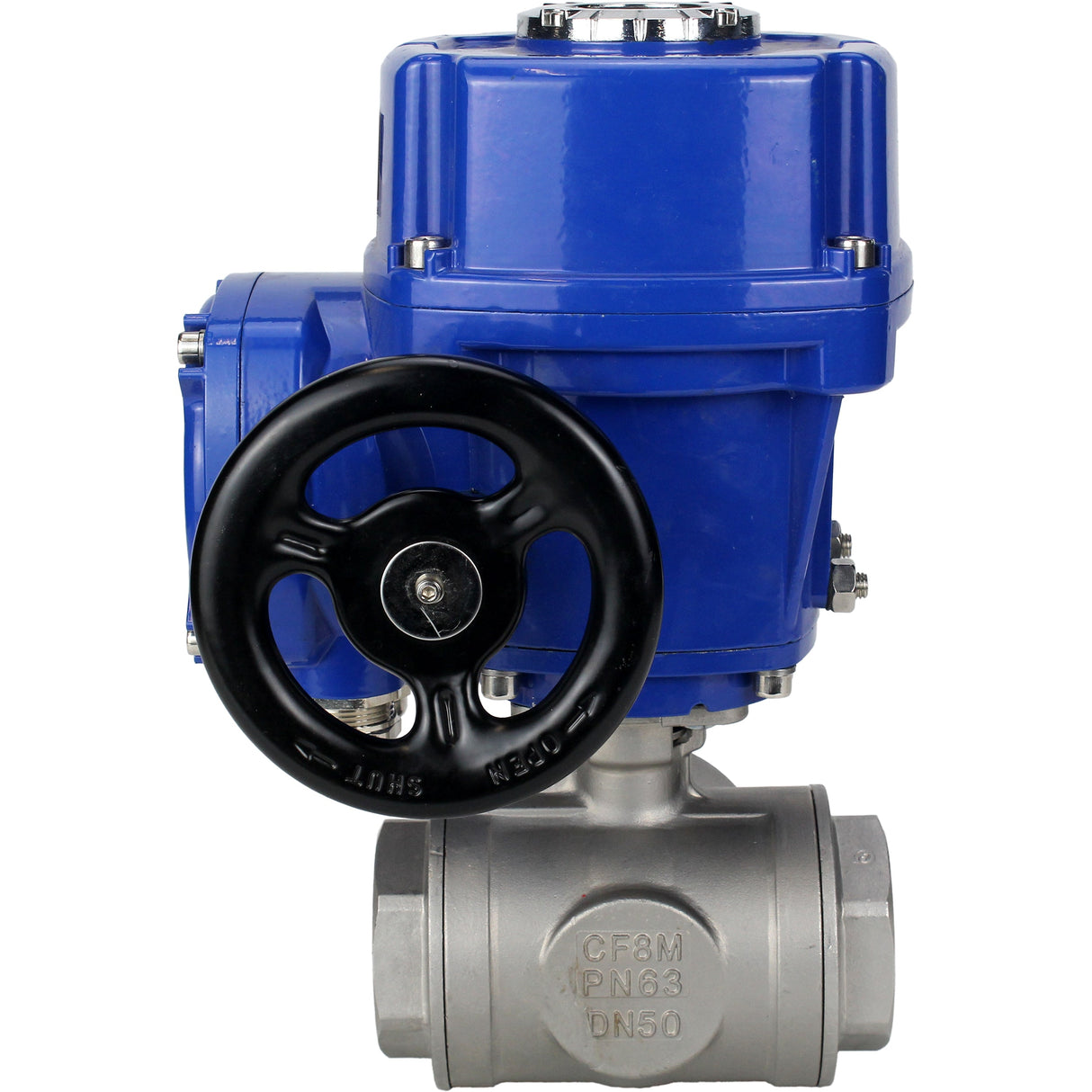 Edelstahl-Kugelhahn Elephant RP.SS316.200.MM.ISO 914 PSI mit Gewinde, Standardanschluss, Dreiweg, L-Typ, Gehäusematerial - Edelstahl AISI 316, mit elektrischem Schwenkantrieb Elephant QT-W (M) 220V