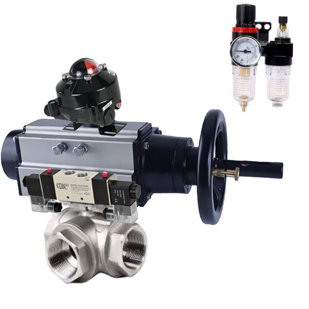 Kugelhähne Elephant BV3232P(4 Stück)-SP-3WL-T-ISO-H, Gehäusematerial - Edelstahl AISI 316, Dichtung - PTFE / PTFE / Teflon, mit pneumatischem Doppelwirkungsantrieb PA-DA-105-1, 4V320-08 220V, LSU APL-510N Ex, ATU AFC2000
