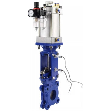 Knife gate valve Elephant GVKR1331M-1W-Fb-2P DN50-300 6/10/16 bar flanged joint, spindle - retractable, body - cast iron GGG40, seal - metal, with pneumatic drive, WENZ, pneumatic distributor 4V210-08 220V, induction sensors LJ12A3-4-J/EZ 220V and ATU AFC