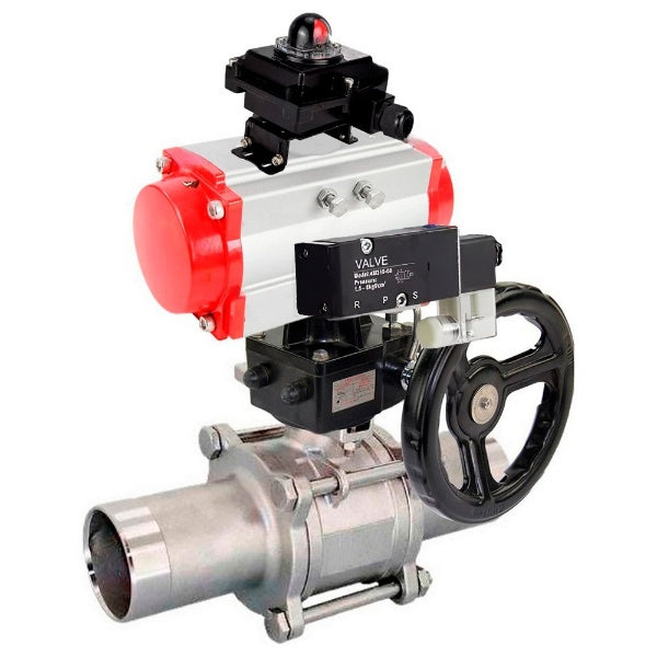 Kugelhähne Elephant BV3232P(3pc)-FP-W-ISO-H LANG, Gehäusematerial - Edelstahl AISI 316, Dichtung - PTFE / PTFE / Teflon, mit pneumatischem Doppelwirkungsantrieb PA-DA, 4V320-10 220V, LSU APL-510N Ex, Handrad MON