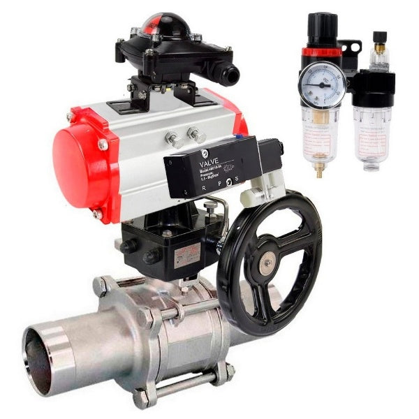 Kugelhähne Elephant BV3131P(3pc)-FP-W-ISO-H LANG, Gehäusematerial - Edelstahl AISI 304, Dichtung - PTFE / PTFE / Teflon, mit pneumatischem Doppelwirkungsantrieb PA-DA, 4V320-10 220V, LSU APL-510N Ex, Handrad MON, ATU AFC2000