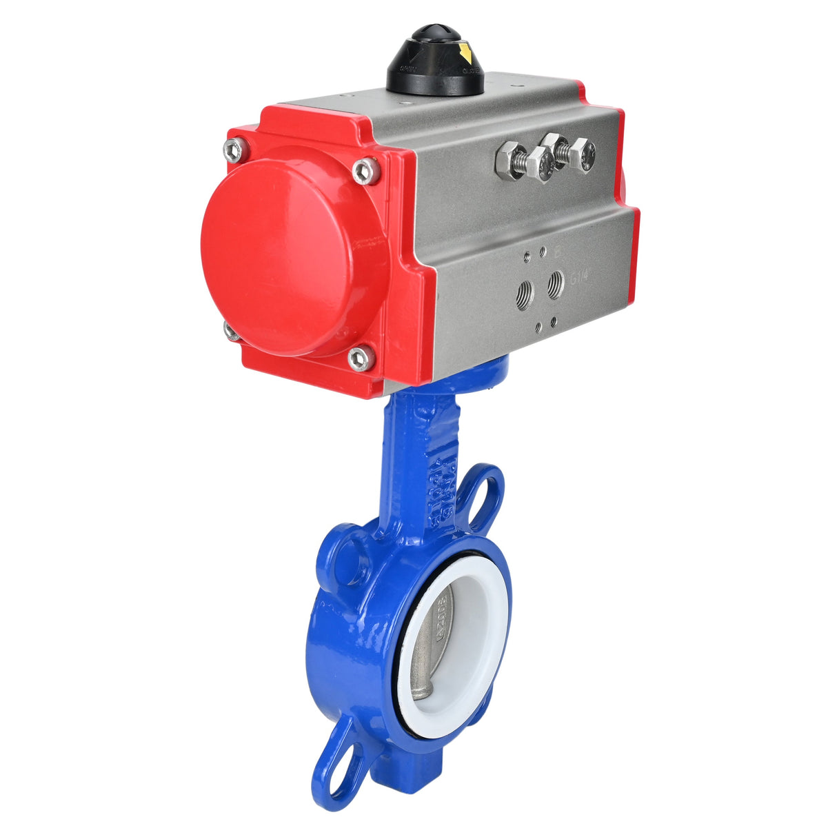 Wasserabsperrklappe Elephant st-316l-ptfe-elephant-sa, Gehäusematerial – Kohlenstoffstahl WCB, Scheibenmaterial – Edelstahl AISI 316L, Dichtung – PTFE, pneumatischer Antrieb betätigt