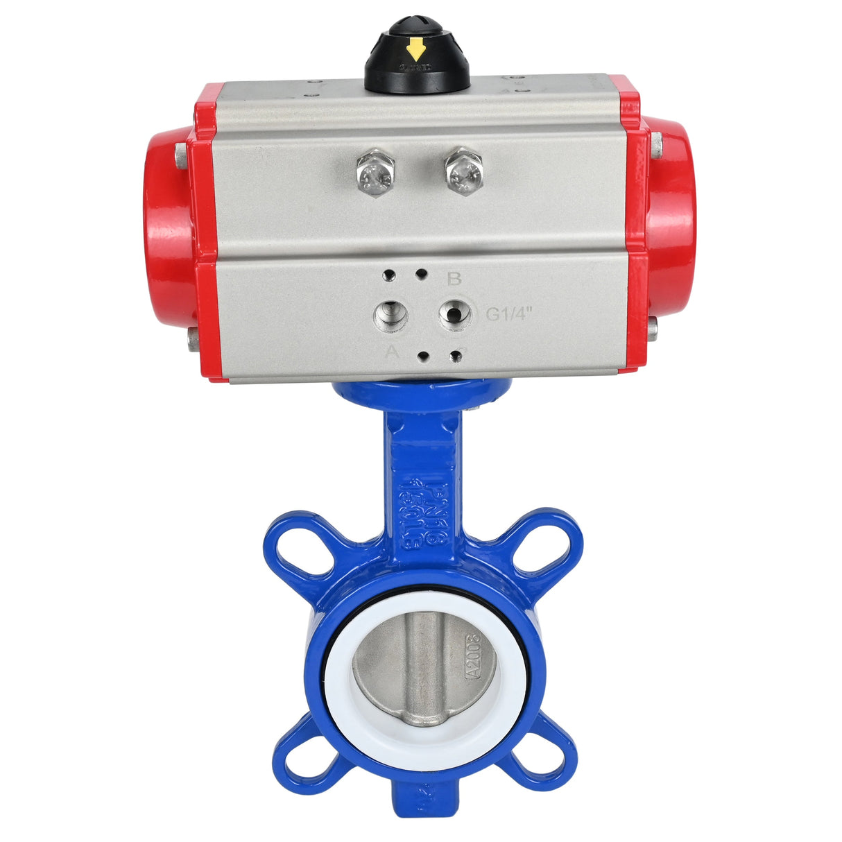 Wasserabsperrklappe Elephant st-316l-ptfe-elephant-sa, Gehäusematerial – Kohlenstoffstahl WCB, Scheibenmaterial – Edelstahl AISI 316L, Dichtung – PTFE, pneumatischer Antrieb betätigt