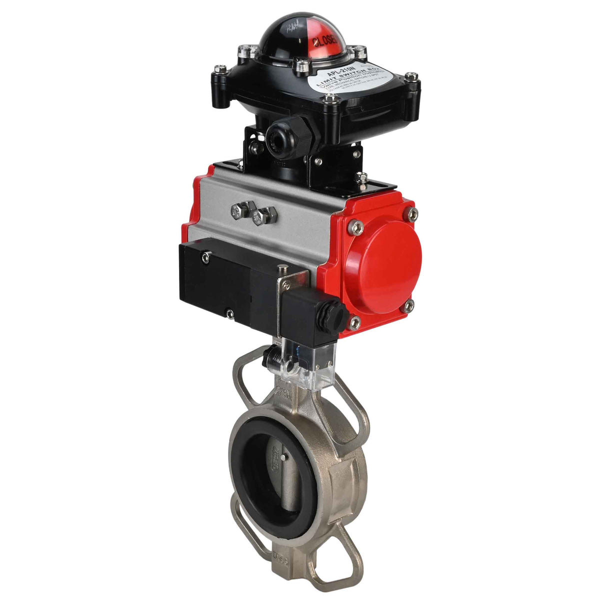 Wasser-Schmetterlingsventil Elephant 316L-316L-EPDM Gehäusematerial - Edelstahl AISI 316L, Scheibenmaterial - Edelstahl AISI 316L, Dichtung - EPDM mit doppeltwirkendem Pneumatikaktuator Elephant DA und Pneumatikverteiler 4M310-08 220V sowie Endschalter