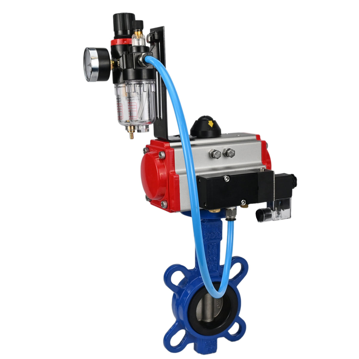 Wasser-Schmetterlingsventil Elephant WBV1413E-2W-Fb-H, Gehäusematerial - Gusseisen GGG50, Scheibenmaterial - Gusseisen GGG40, Dichtung - EPDM, mit pneumatischem Doppelwirkungsantrieb PA-DA, 4V320-10 220V, ATU AFC2000