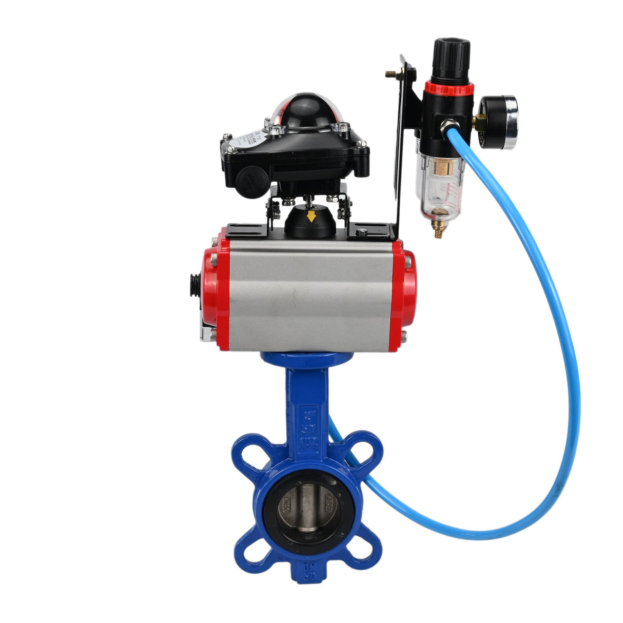 Wasser-Schmetterlingsventil Elephant WBV1413E-2W-Fb-H, Gehäusematerial - Gusseisen GGG50, Scheibenmaterial - Gusseisen GGG40, Dichtung - EPDM, mit pneumatischem Doppelwirkungsantrieb PA-DA, 4V320-10 220V, LSU APL-210N, ATU AFC2000