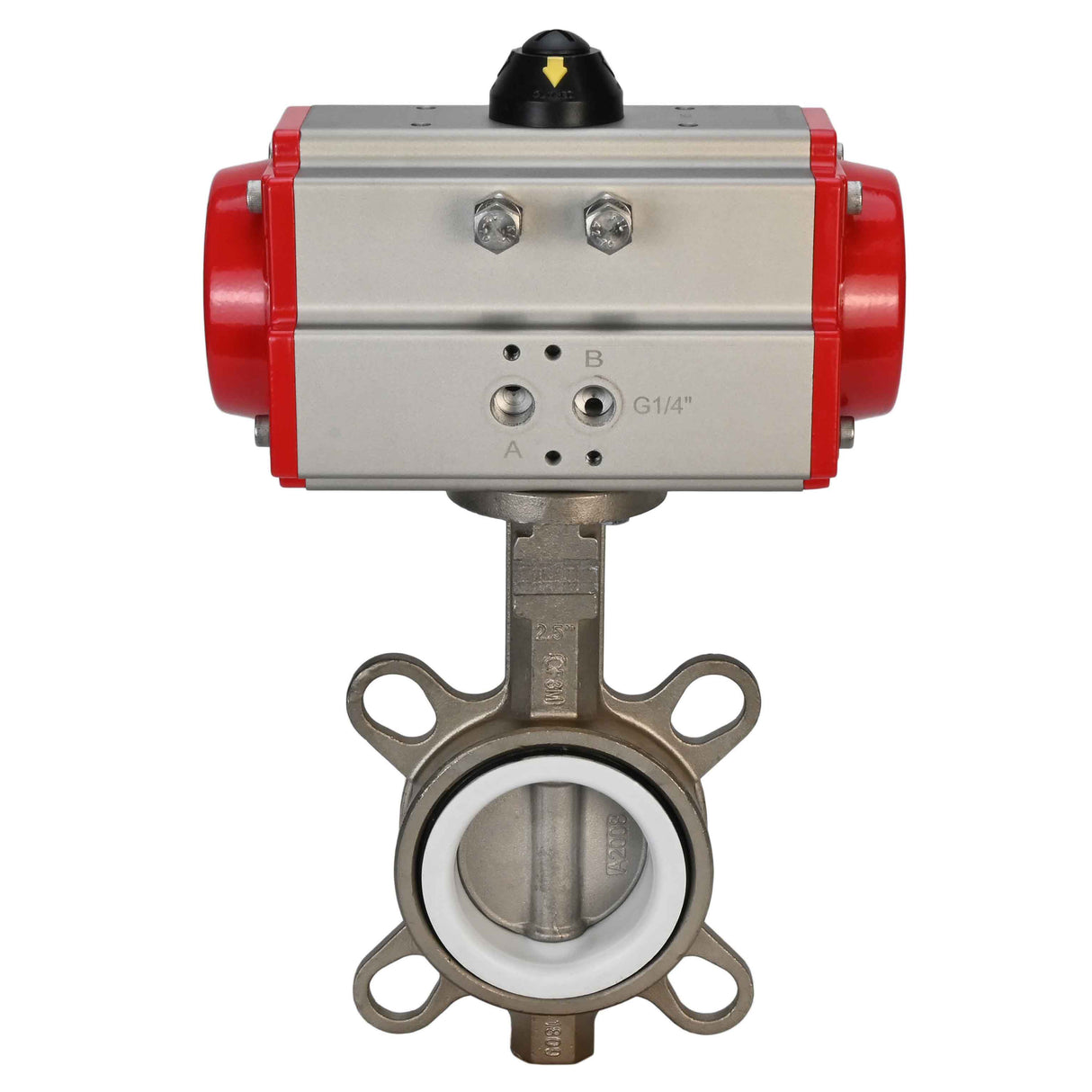 Wasser-Schmetterlingsventil Elephant WBV3131P-2W-Fb-H, Gehäusematerial - Edelstahl AISI 304, Scheibenmaterial - Edelstahl AISI 304, Dichtung - PTFE, pneumatischer Antrieb PA-DA Doppelwirkung