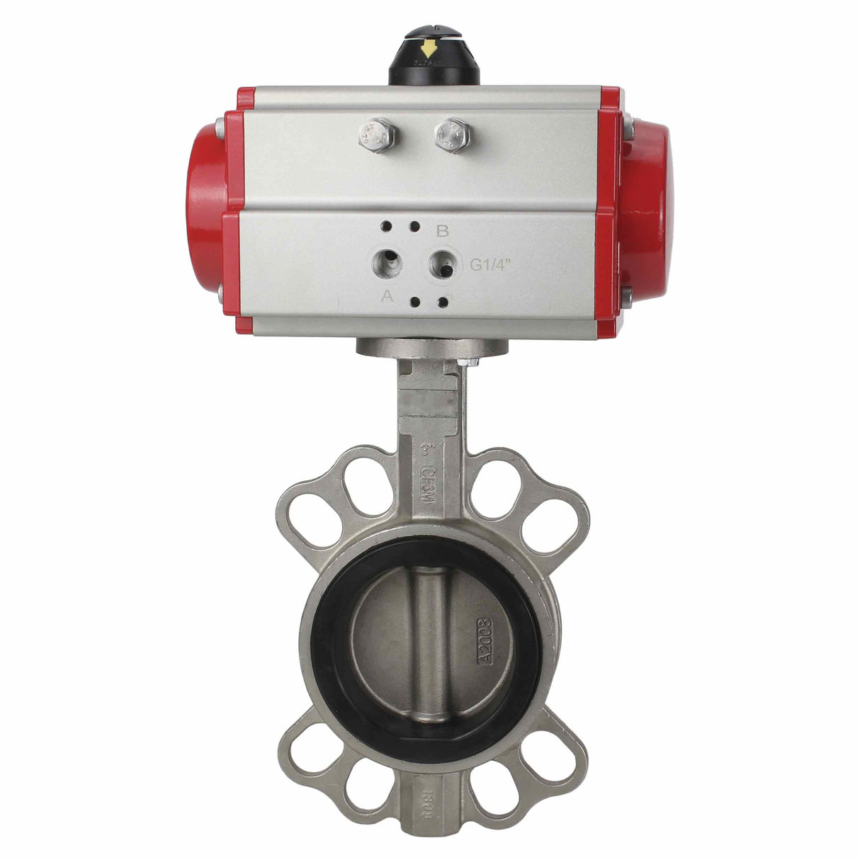 Wasser-Schmetterlingsventil Elephant WBV3131E-2W-Fb-H, Gehäusematerial - Edelstahl AISI 304, Scheibenmaterial - Edelstahl AISI 304, Dichtung - EPDM, pneumatischer Antrieb PA-DA Doppelwirkung