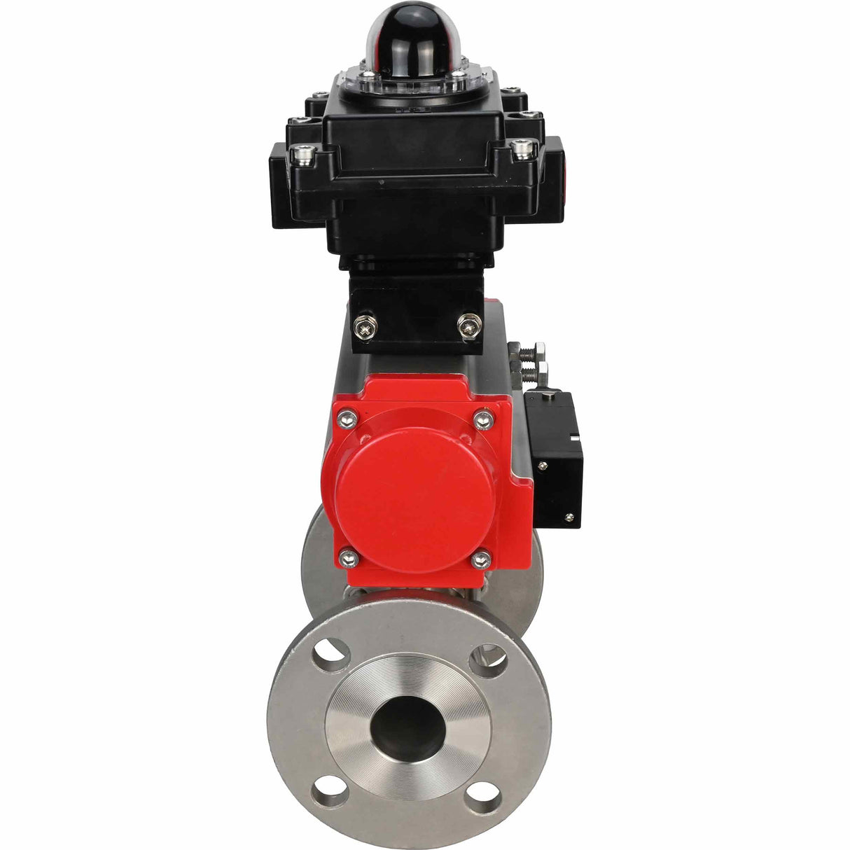 Edelstahl-Kugelhahn Elephant BVFPT-ISO.304.180 dreiteilig, Gehäusewerkstoff - Edelstahl SS304, Dichtung - PTFE, Flansch, voller Durchgang, pneumatischer Antrieb Elephant SA, pneumatischer Verteiler 4M310-08 220 V, Endschalterblock APL-410N EX