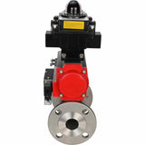 Edelstahl-Kugelhahn Elephant BVFPT-ISO.304.180 dreiteilig, Gehäusewerkstoff - Edelstahl SS304, Dichtung - PTFE, Flansch, voller Durchgang, pneumatischer Antrieb Elephant SA, pneumatischer Verteiler 4M310-08 220 V, Endschalterblock APL-410N EX