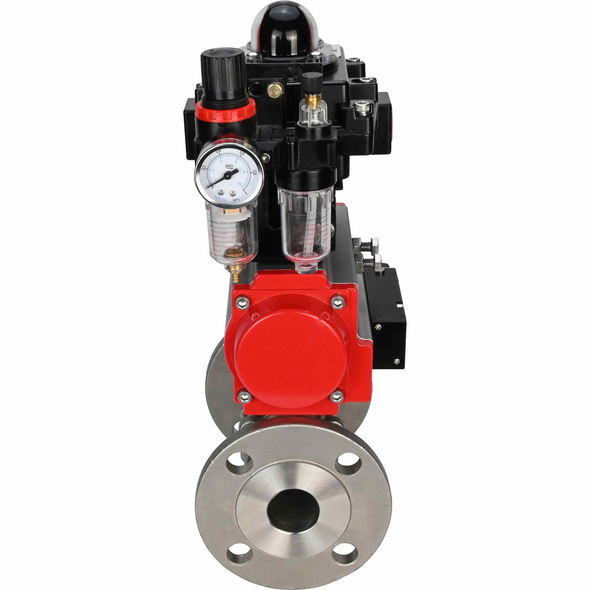 Edelstahl-Kugelhahn Elephant BVFPT-ISO.304.180 dreiteilig, Gehäusewerkstoff - Edelstahl SS304, Dichtung - PTFE, Flansch, voller Durchgang, pneumatischer Antrieb Elephant DA, pneumatischer Verteiler 4M310-08 220 V, Endschalterblock APL-410N EX, Luft
