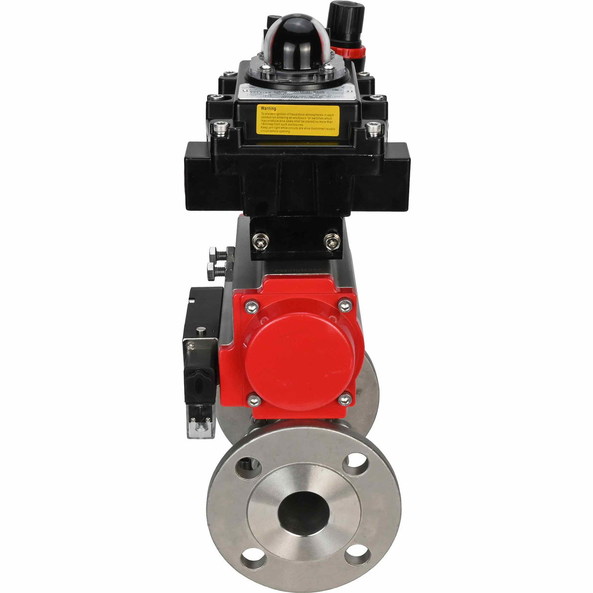 Edelstahl-Kugelhahn Elephant BVFPT-ISO.316.180 dreiteilig, Gehäusewerkstoff - Edelstahl SS316, Dichtung - PTFE, Flansch, voller Durchgang, pneumatischer Antrieb Elephant SA, pneumatischer Verteiler 4M310-08 220 V, Endschalterblock APL-410N EX, Luft