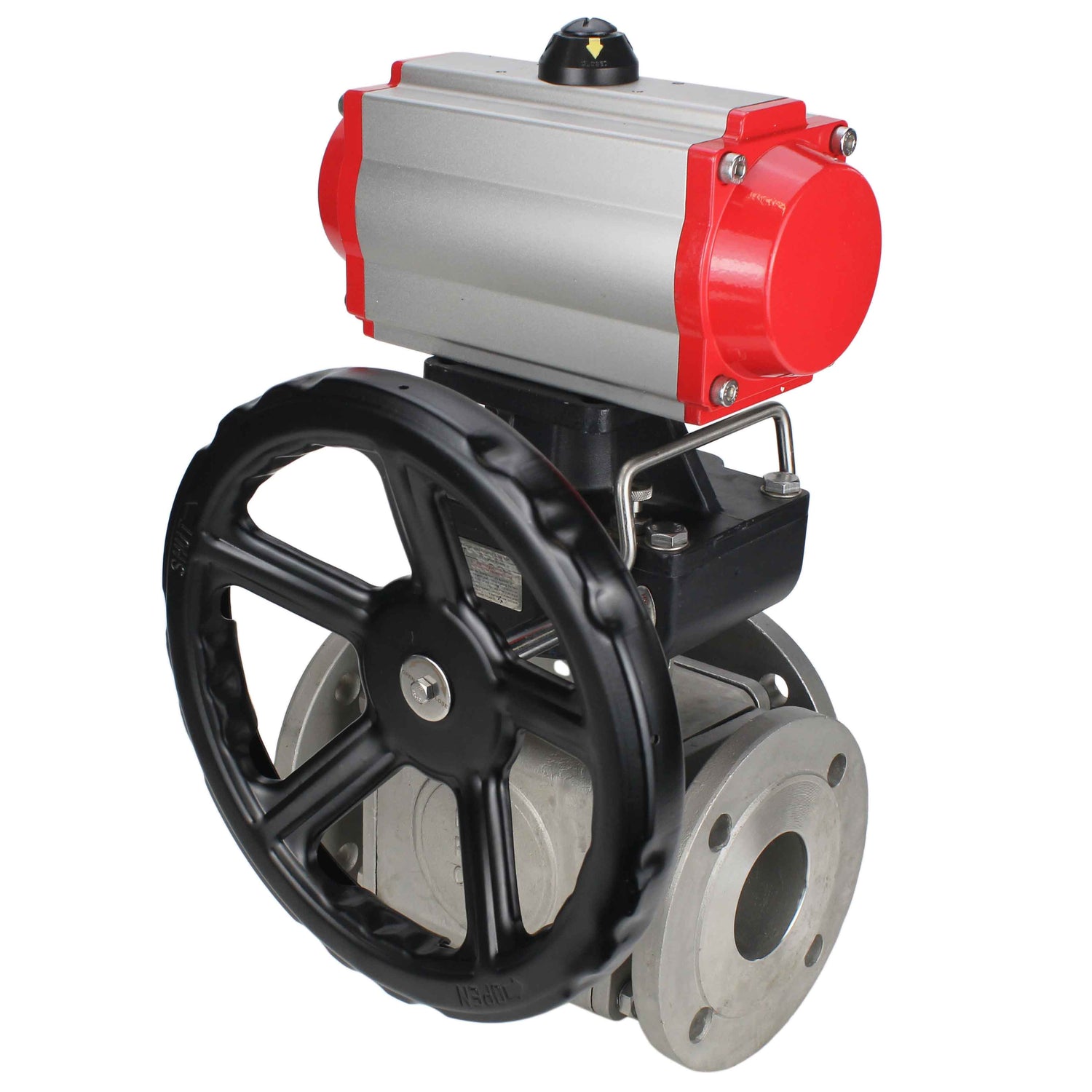 Ball valves Elephant BV3232P(4pc)-FP-3WL-F-ISO-H 16 bar full bore, flanged, body - stainless steel SS316, ISO flange F03/F04-F10/F12, square 9x9-19x19, with pneumatic drive Elephant PA-DA double action and manual Doubler MON3-700-T38-ISO