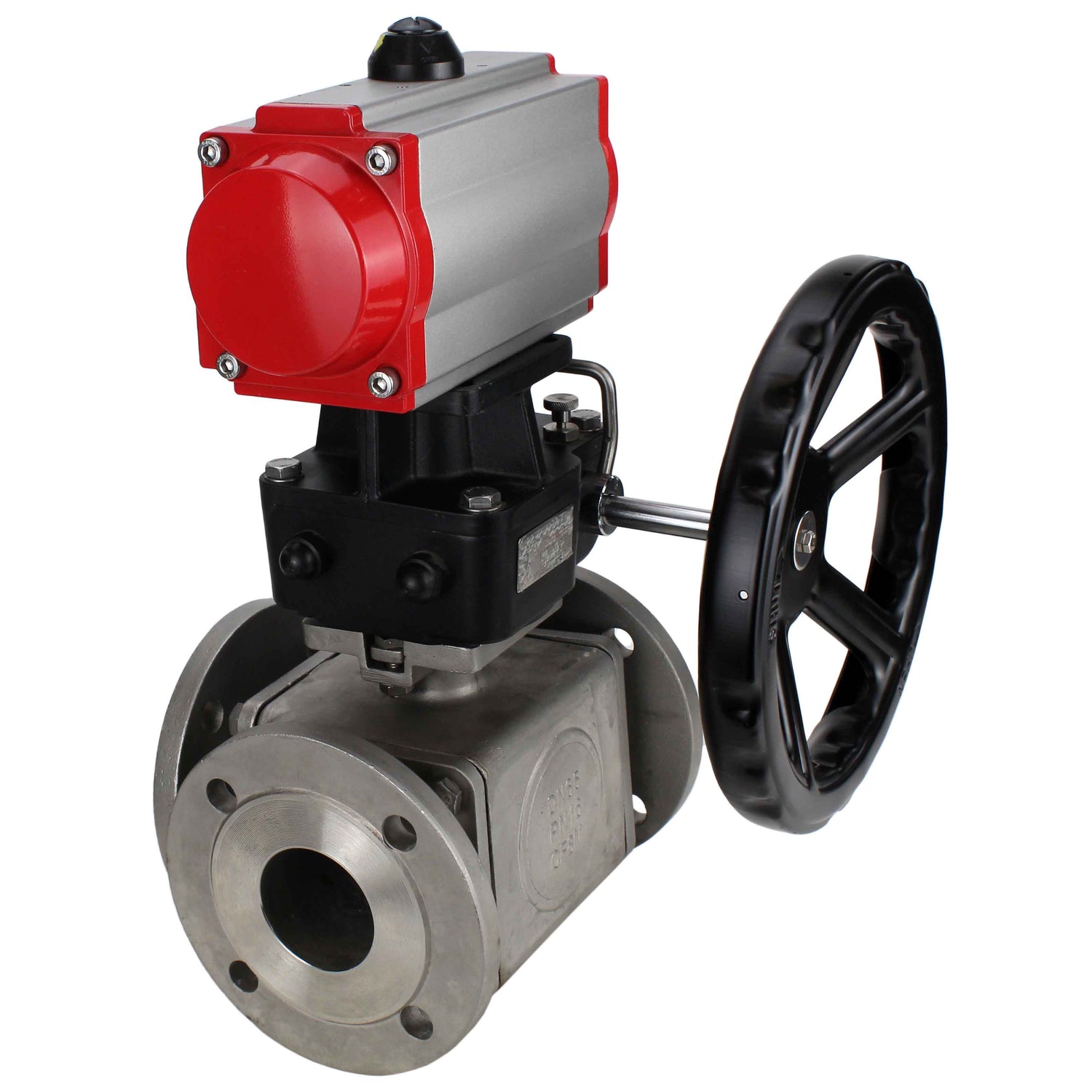 Ball valves Elephant BV3232P(4pc)-FP-3WL-F-ISO-H 16 bar full bore, flanged, body - stainless steel SS316, ISO flange F03/F04-F10/F12, square 9x9-19x19, with pneumatic drive Elephant PA-DA double action and manual Doubler MON3-700-T38-ISO