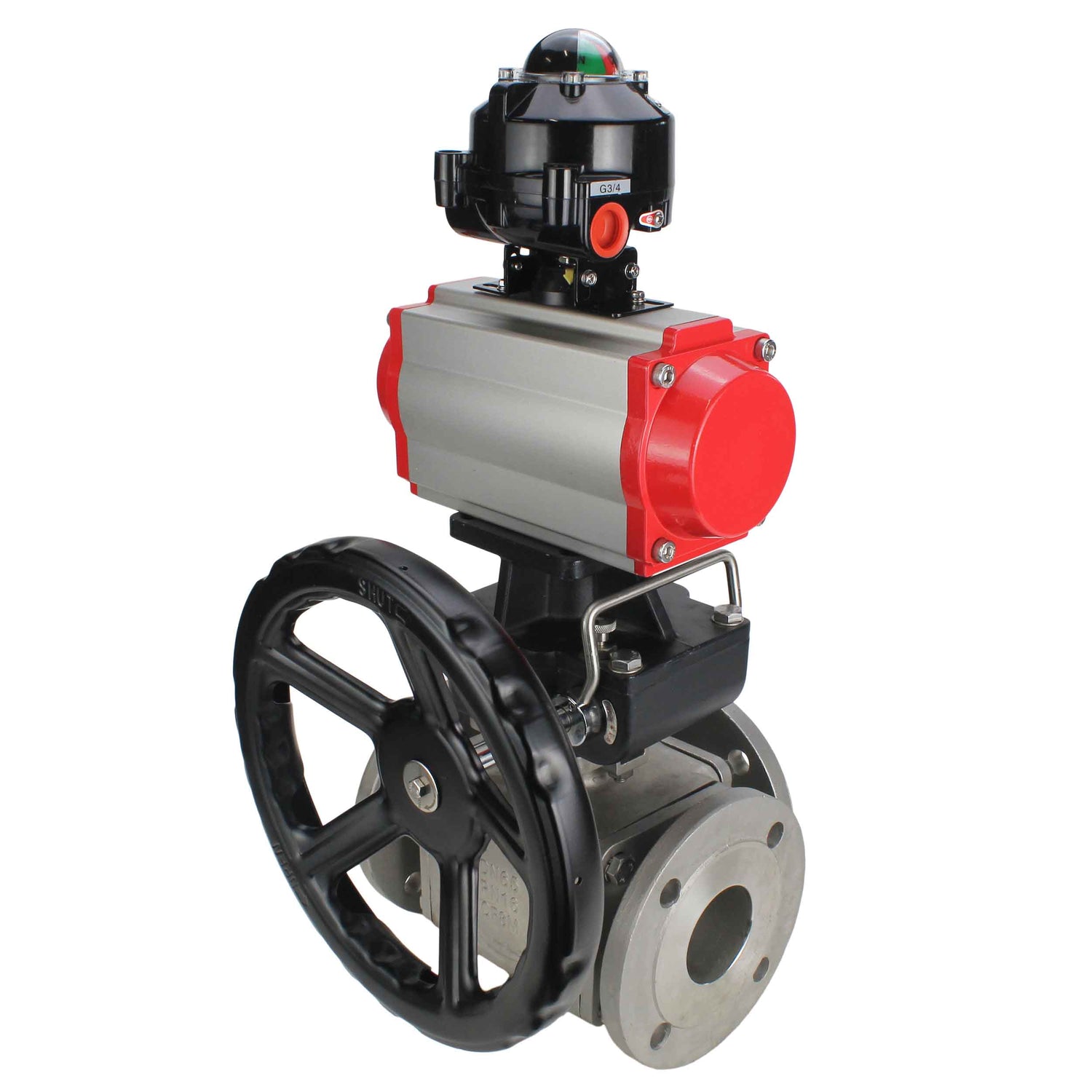 Kugelhähne Elephant BV3232P(4 Stück)-FP-3WL-F-ISO-H 16 bar Vollbohrung, geflanscht, Gehäuse - Edelstahl SS316, ISO-Flansch F03/F04-F10/F12, quadratisch 9x9-19x19, mit pneumatischem Antrieb PA-DA, LSU APL-510N EX und Doubler MON3-700-T38-ISO