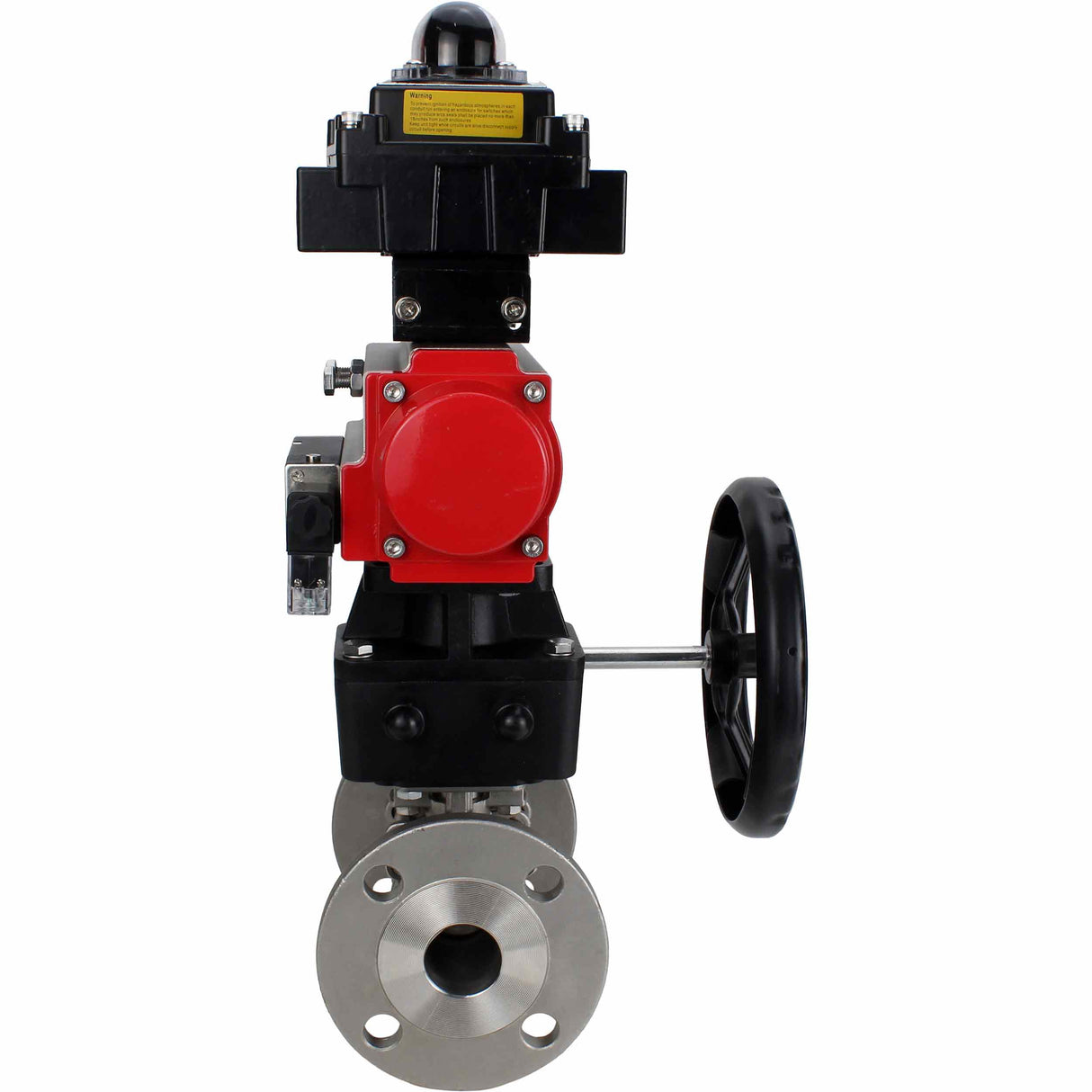 Edelstahl-Kugelhahn Elephant BVFPT-ISO.316.180 dreiteilig, Gehäusewerkstoff - Edelstahl SS316, Dichtung - PTFE, Flansch, voller Durchgang, pneumatischer Antrieb Elephant DA, pneumatischer Verteiler 4M310-08 24 V, Endschalterblock APL-410N EX, manuell
