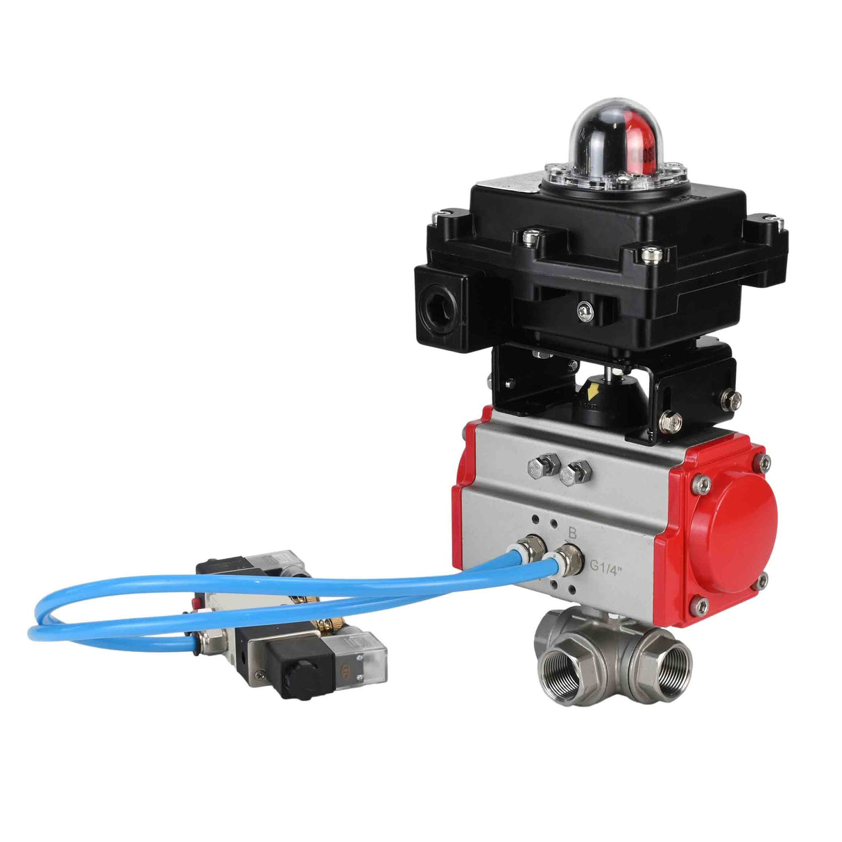 Kugelhähne Elephant BV3232P(4 Stück)-SP-3WL-T-ISO-H, Gehäusematerial - Edelstahl AISI 316, Dichtung - PTFE / PTFE / Teflon, mit pneumatischem Doppelwirkungsantrieb PA-DA, 4V320-08 220V, LSU APL-410N Ex