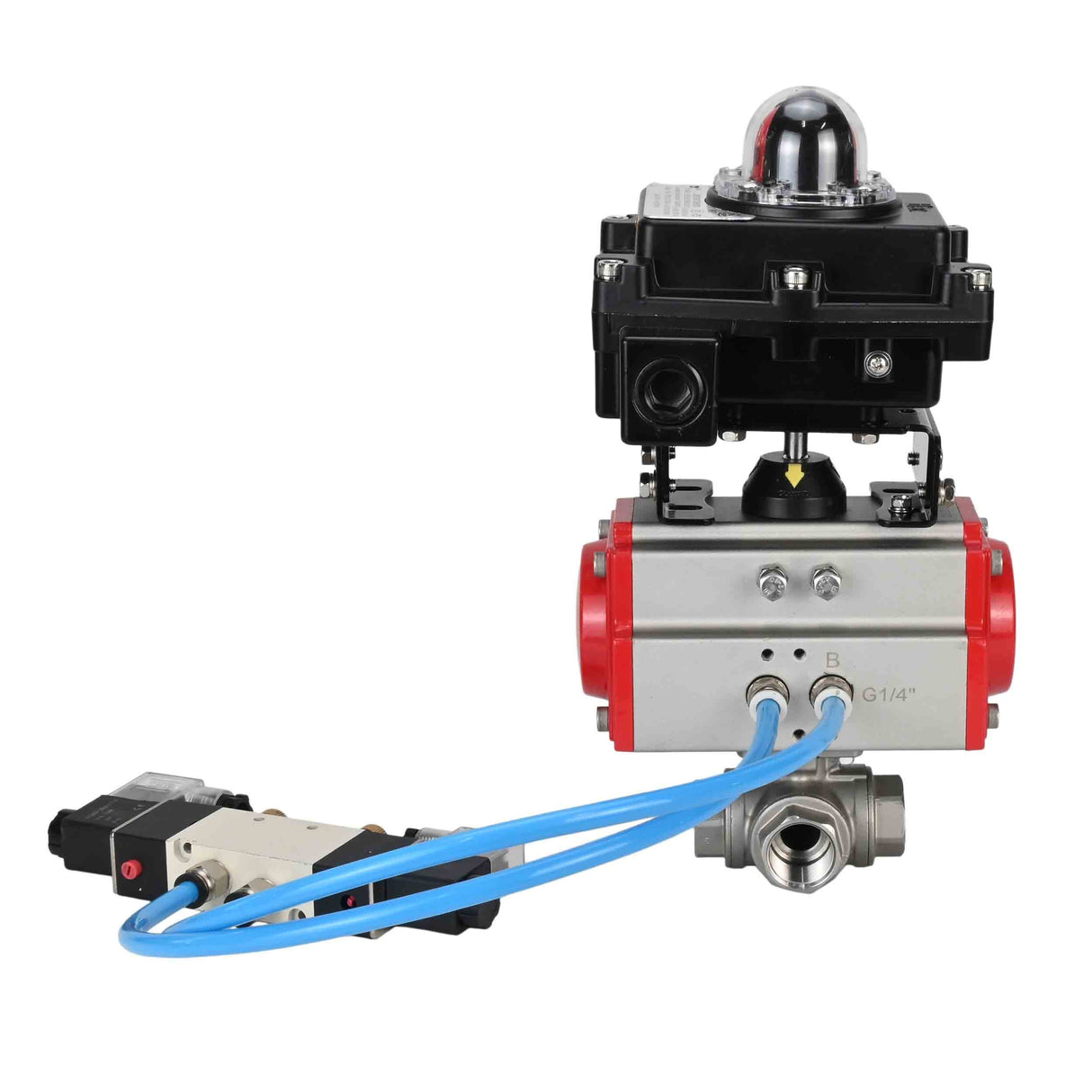Kugelhähne Elephant BV3232P(4 Stück)-SP-3WL-T-ISO-H, Gehäusematerial - Edelstahl AISI 316, Dichtung - PTFE / PTFE / Teflon, mit pneumatischem Doppelwirkungsantrieb PA-DA, 4V320-08 220V, LSU APL-410N Ex