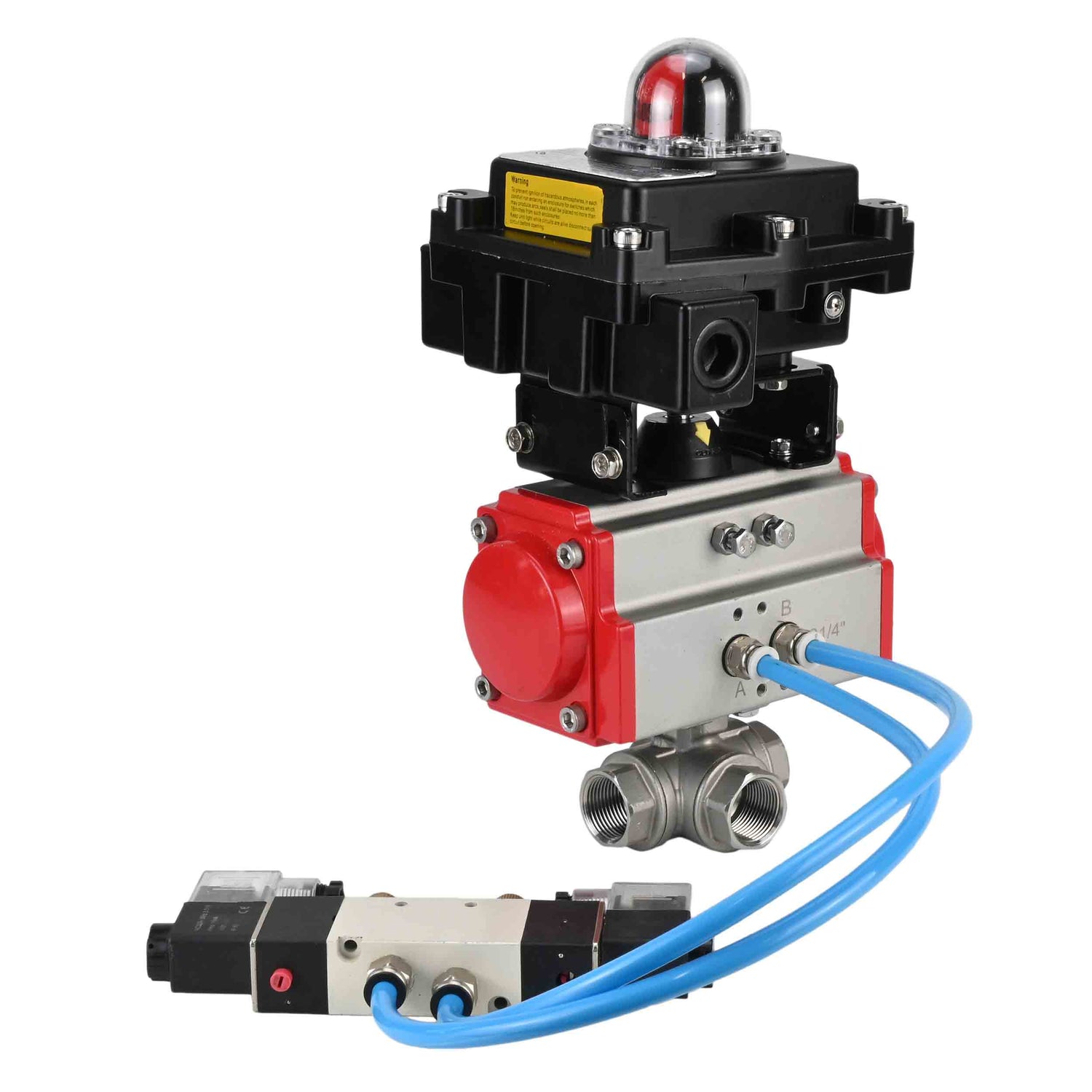 Kugelhähne Elephant BV3232P(4 Stück)-SP-3WL-T-ISO-H, Gehäusematerial - Edelstahl AISI 316, Dichtung - PTFE / PTFE / Teflon, mit pneumatischem Antrieb mit Rückstellfedern PA-SA, 4V320-08 220V, LSU APL-410N Ex