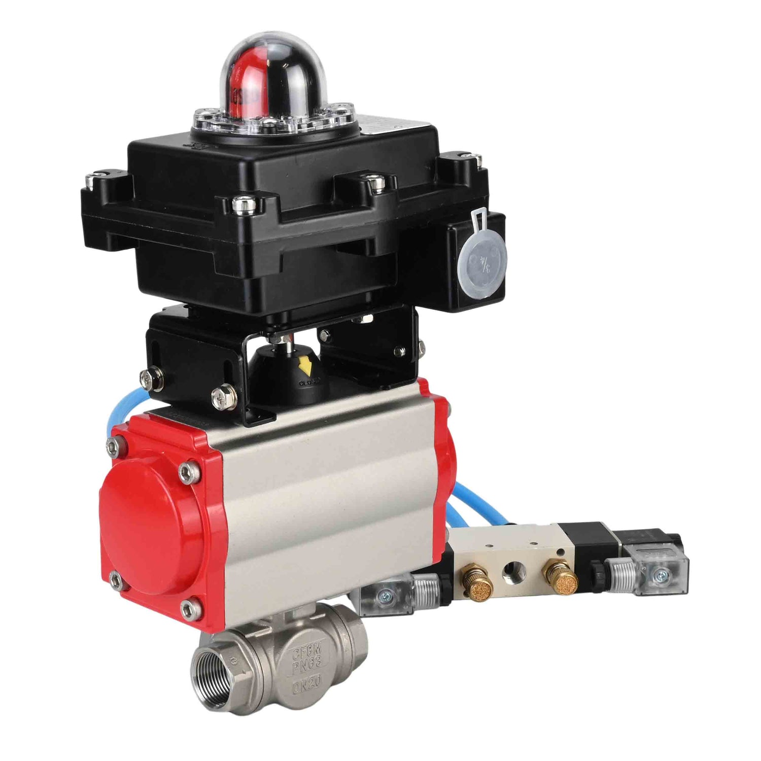 Kugelhähne Elephant BV3232P(4 Stück)-SP-3WL-T-ISO-H, Gehäusematerial - Edelstahl AISI 316, Dichtung - PTFE / PTFE / Teflon, mit pneumatischem Doppelwirkungsantrieb PA-DA, 4V320-08 220V, LSU APL-410N Ex