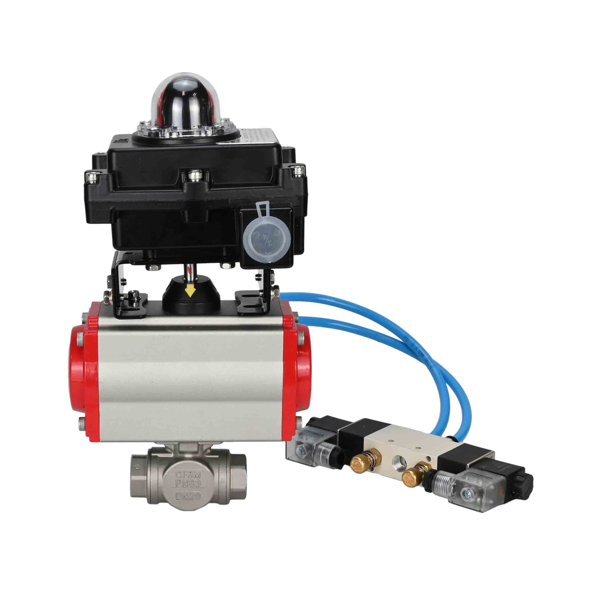 Kugelhähne Elephant BV3232P(4 Stück)-SP-3WL-T-ISO-H, Gehäusematerial - Edelstahl AISI 316, Dichtung - PTFE / PTFE / Teflon, mit pneumatischem Doppelwirkungsantrieb PA-DA, 4V320-08 220V, LSU APL-410N Ex
