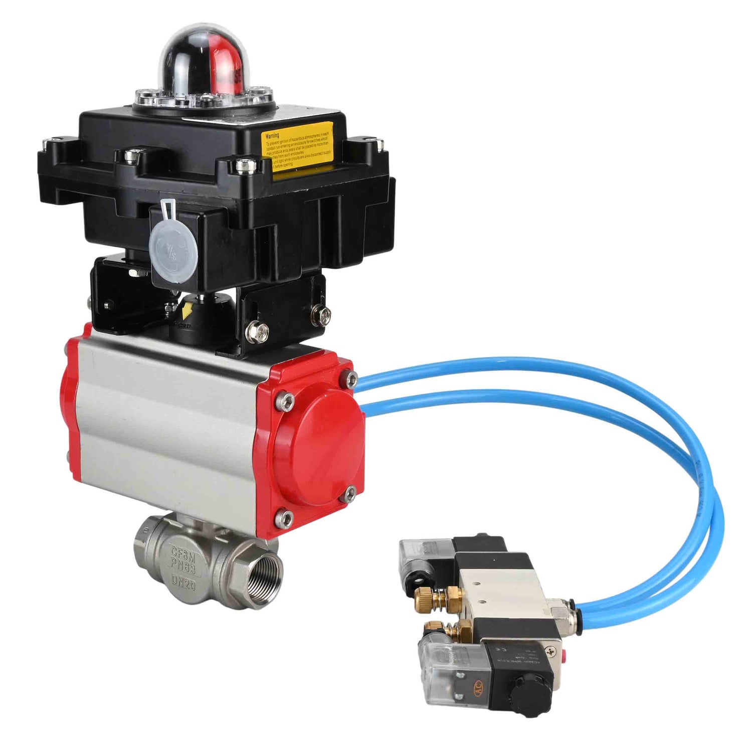 Kugelhähne Elephant BV3232P(4pc)-SP-3WL-T-ISO-H, Gehäusematerial - Edelstahl AISI 316, Dichtung - PTFE / PTFE / Teflon, mit pneumatischem Antrieb mit Rückstellfedern PA-SA, 4V320-10 220V, LSU APL-410N Ex