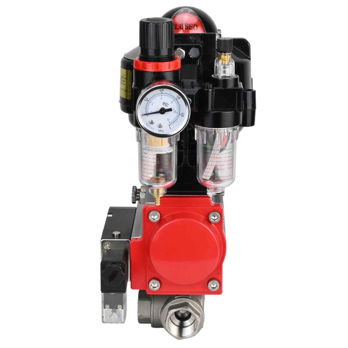 Kugelhähne Elephant BV3232P-SP-3L-T 3-Wege L-Typ, Gewinde, Standardbohrung, Gehäuse aus Edelstahl. Stahl SS316, Dichtung - PTFE, mit pneumatischem Antrieb Elephant PA-SA 052-105 pneumatischer Verteiler 4M310-08 220V ATU AFC2000 APL-510N-EX