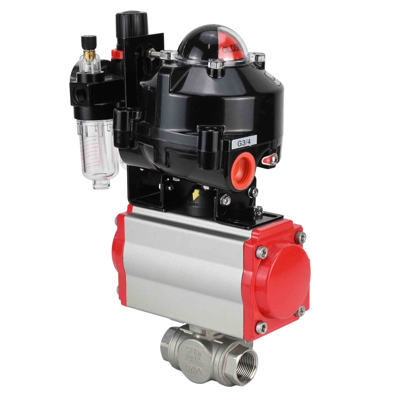 Kugelhähne Elephant BV3232P-SP-3L-T 3-Wege L-Typ, Gewinde, Standardbohrung, Gehäuse aus Edelstahl. Stahl SS316, Dichtung - PTFE, mit pneumatischem Antrieb Elephant PA-SA 052-105 pneumatischer Verteiler 4M310-08 220V ATU AFC2000 APL-510N-EX