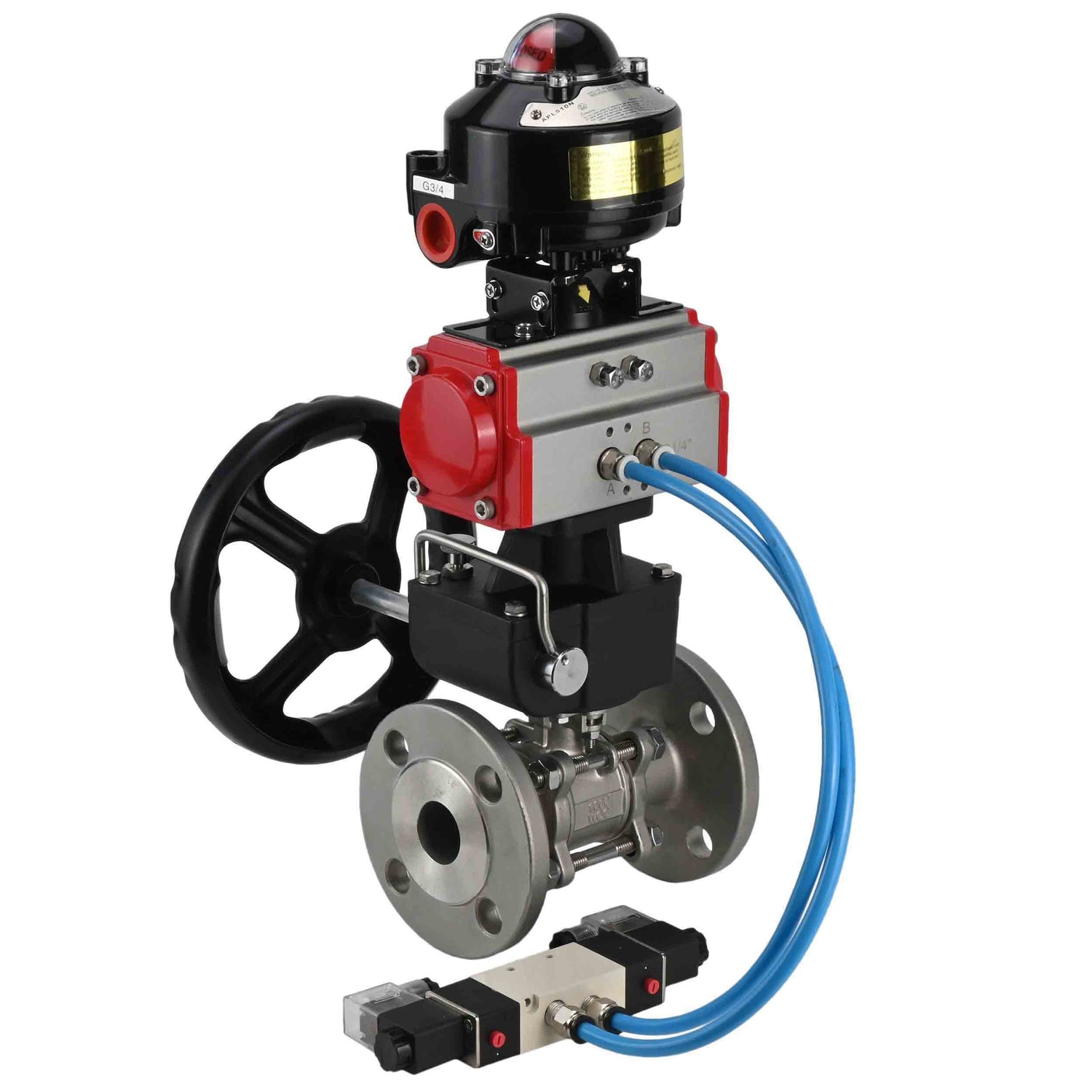 Kugelhähne Elephant BV3131P(3-teilig)-FP-F-ISO-Flansch, voller Durchgang, dreiteilig, Gehäuse aus Edelstahl. Stahl SS304, Dichtung - PTFE, mit pneumatischem Antrieb Elephant PA-DA 052-130 pneumatischer Verteiler 4V320-10 Getriebe MON LSU APL-510N-EX