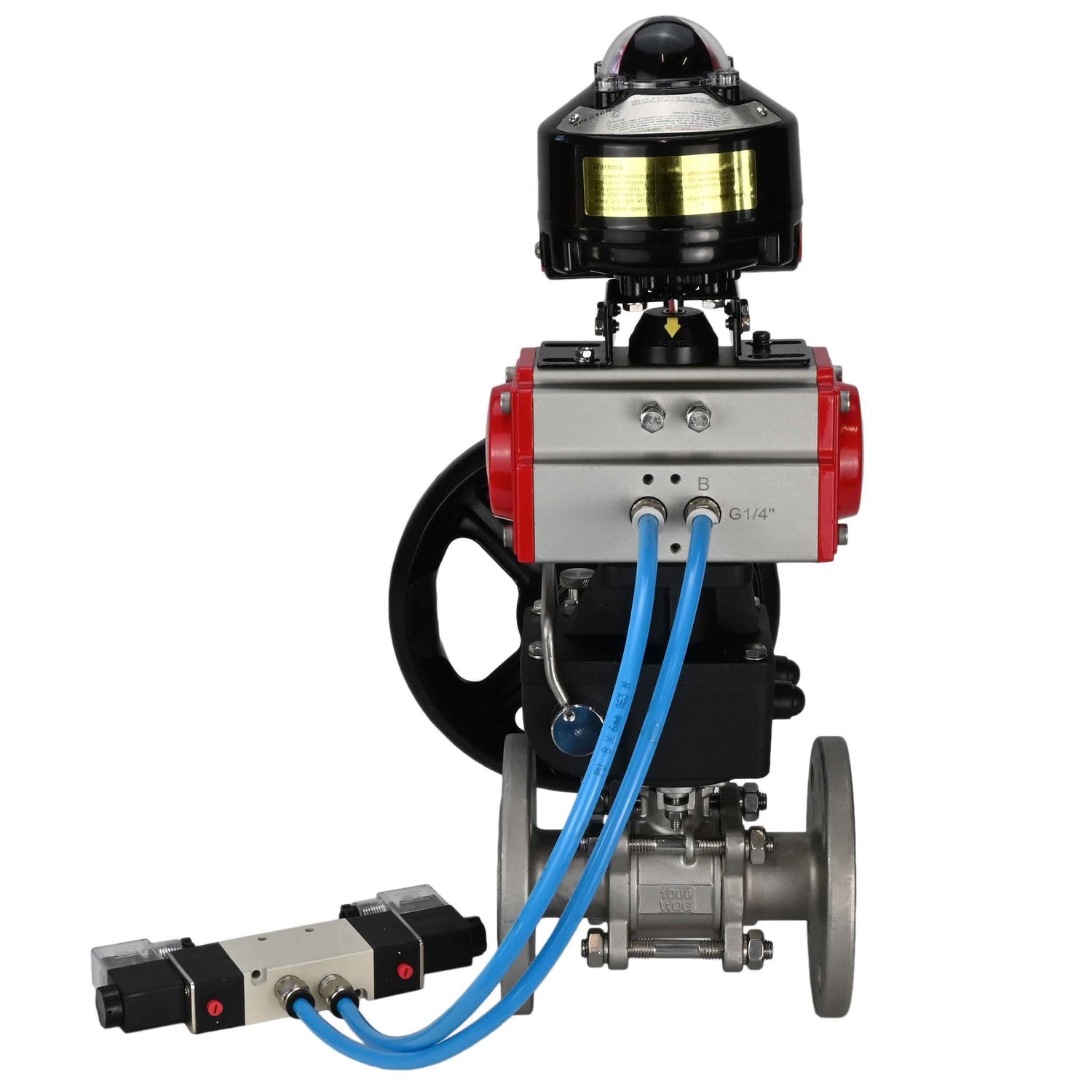 Kugelhähne Elephant BV3131P(3-teilig)-FP-F-ISO-Flansch, voller Durchgang, dreiteilig, Gehäuse aus Edelstahl. Stahl SS304, Dichtung - PTFE, mit pneumatischem Antrieb Elephant PA-DA 052-130 pneumatischer Verteiler 4V320-10 Getriebe MON LSU APL-510N-EX