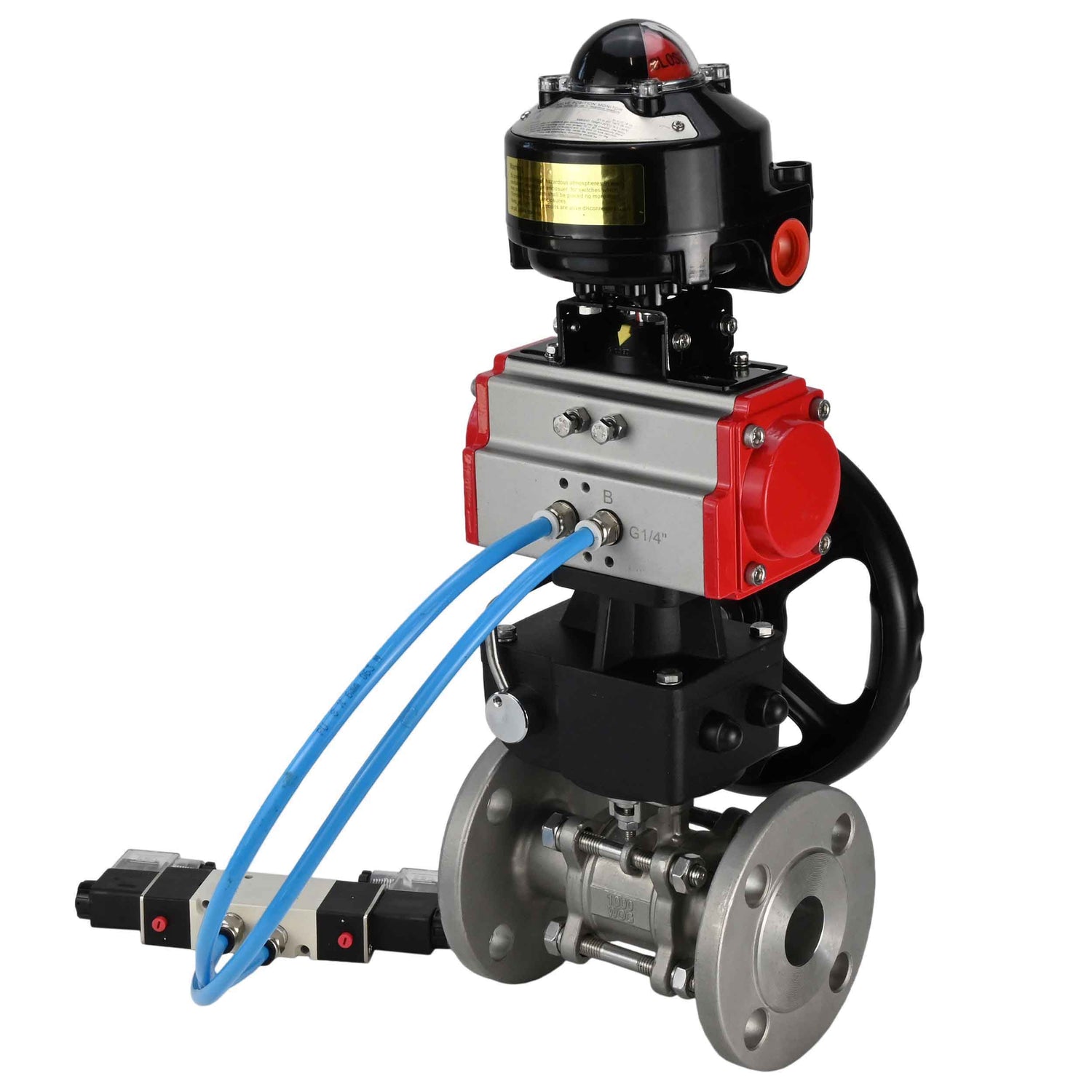 Kugelhähne Elephant BV3131P(3pc)-FP-F-ISO-H mit Flansch, voller Durchgang, dreiteilig, Gehäuse aus Edelstahl. Stahl SS304, Dichtung - PTFE, mit pneumatischem Antrieb Elephant PA-DA 052-130 pneumatischer Verteiler 4V320-08 Getriebe MON LSU APL-510N-EX