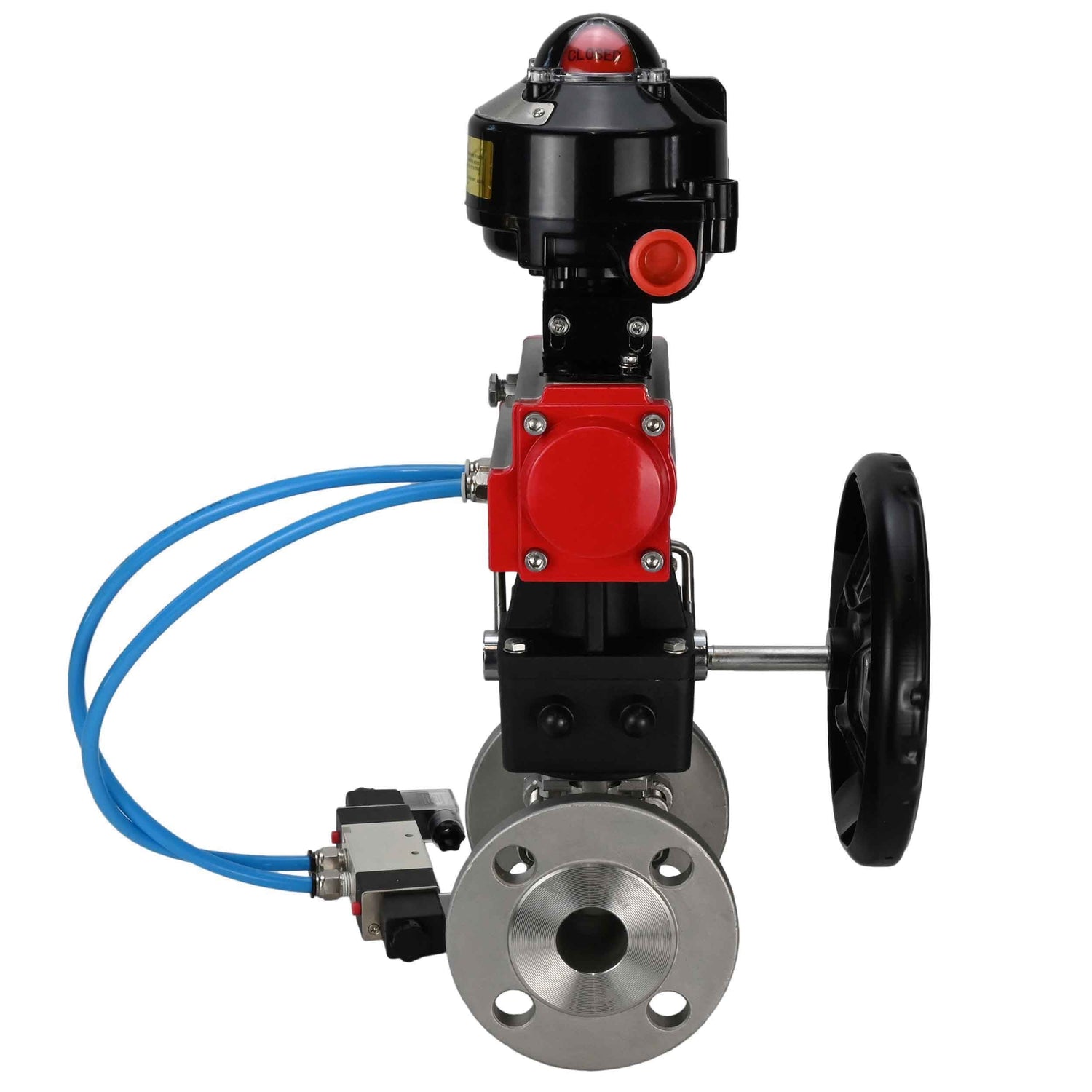 Kugelhähne Elephant BV3131P(3pc)-FP-F-ISO-H mit Flansch, voller Durchgang, dreiteilig, Gehäuse aus Edelstahl. Stahl SS304, Dichtung - PTFE, mit pneumatischem Antrieb Elephant PA-DA 052-130 pneumatischer Verteiler 4V320-08 Getriebe MON LSU APL-510N-EX