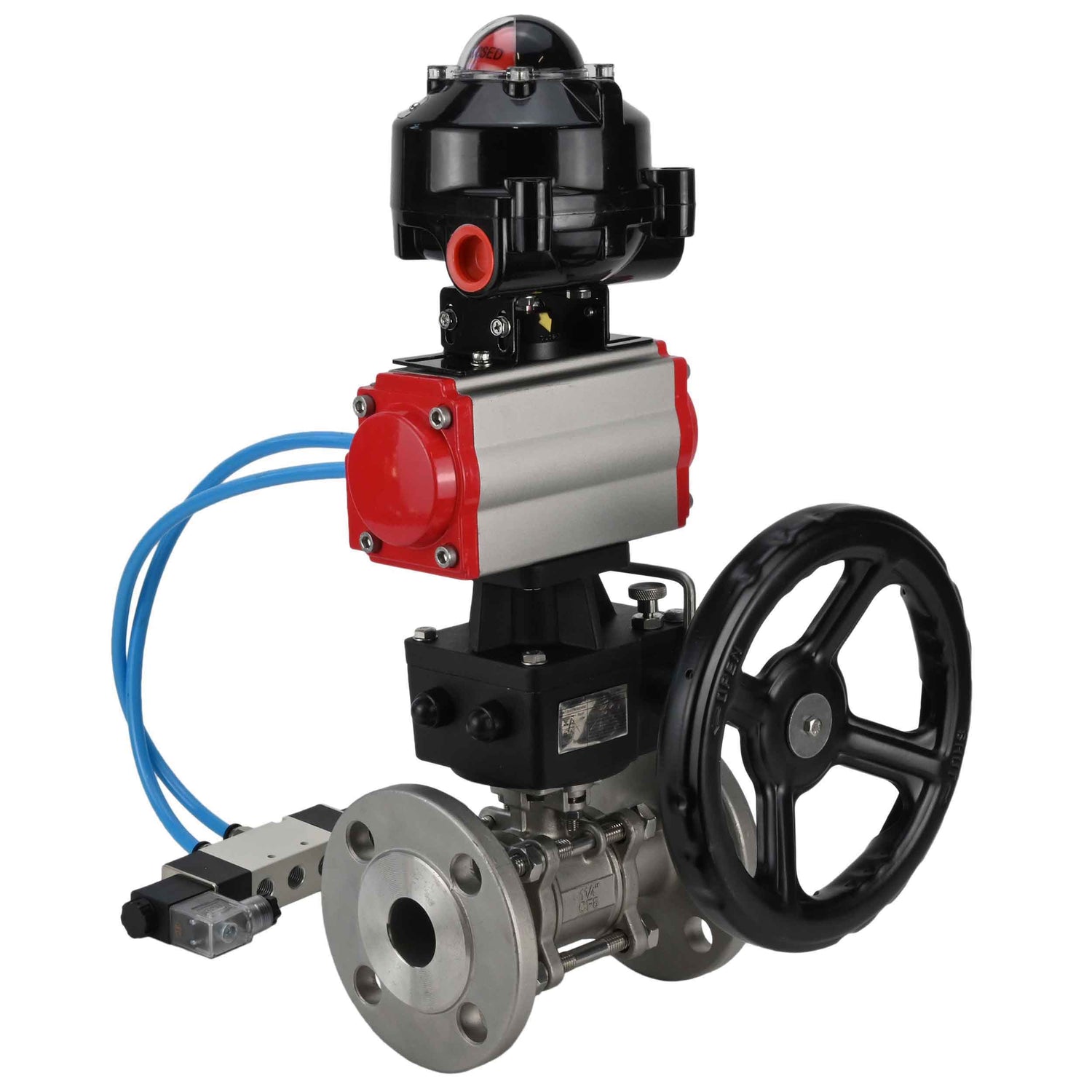 Kugelhähne Elephant BV3131P(3-teilig)-FP-F-ISO-Flansch, voller Durchgang, dreiteilig, Gehäuse aus Edelstahl. Stahl SS304, Dichtung - PTFE, mit pneumatischem Antrieb Elephant PA-DA 052-130 pneumatischer Verteiler 4V320-10 Getriebe MON LSU APL-510N-EX