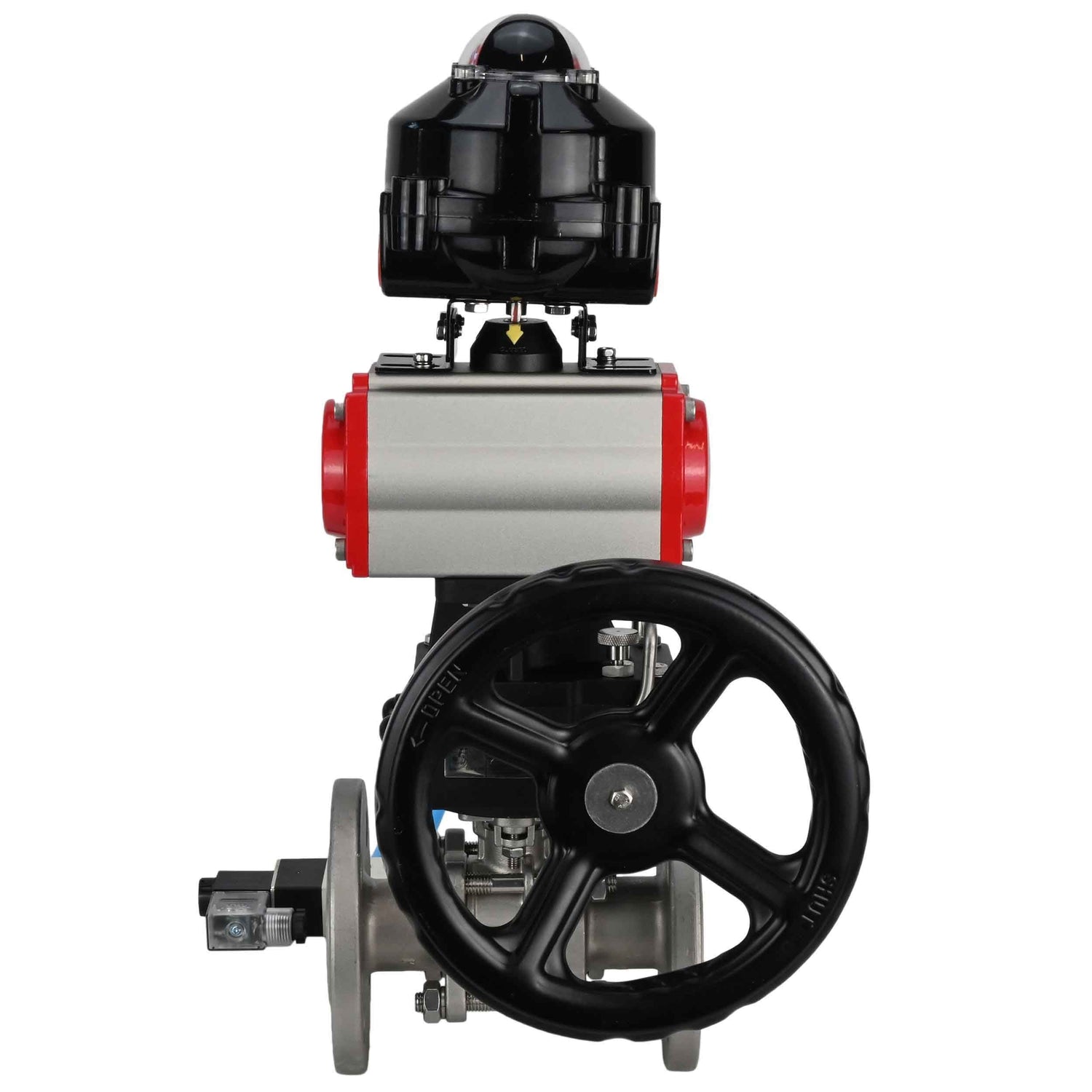 Kugelhähne Elephant BV3131P(3-teilig)-FP-F-ISO-Flansch, voller Durchgang, dreiteilig, Gehäuse aus Edelstahl. Stahl SS304, Dichtung - PTFE, mit pneumatischem Antrieb Elephant PA-DA 052-130 pneumatischer Verteiler 4V320-10 Getriebe MON LSU APL-510N-EX