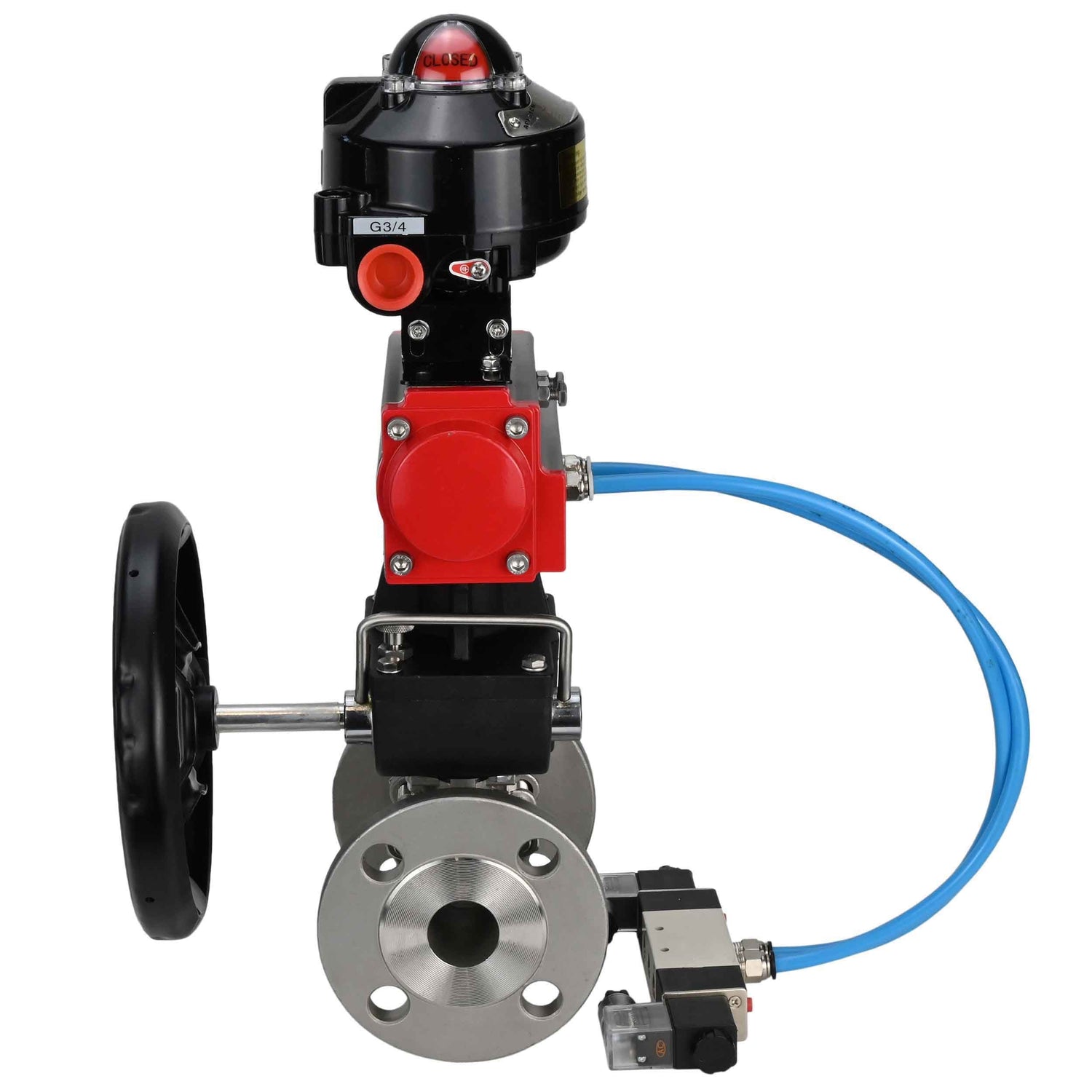 Kugelhähne Elephant BV3131P(3pc)-FP-F-ISO-H mit Flansch, voller Durchgang, dreiteilig, Gehäuse aus Edelstahl. Stahl SS304, Dichtung - PTFE, mit pneumatischem Antrieb Elephant PA-DA 052-130 pneumatischer Verteiler 4V320-08 Getriebe MON LSU APL-510N-EX