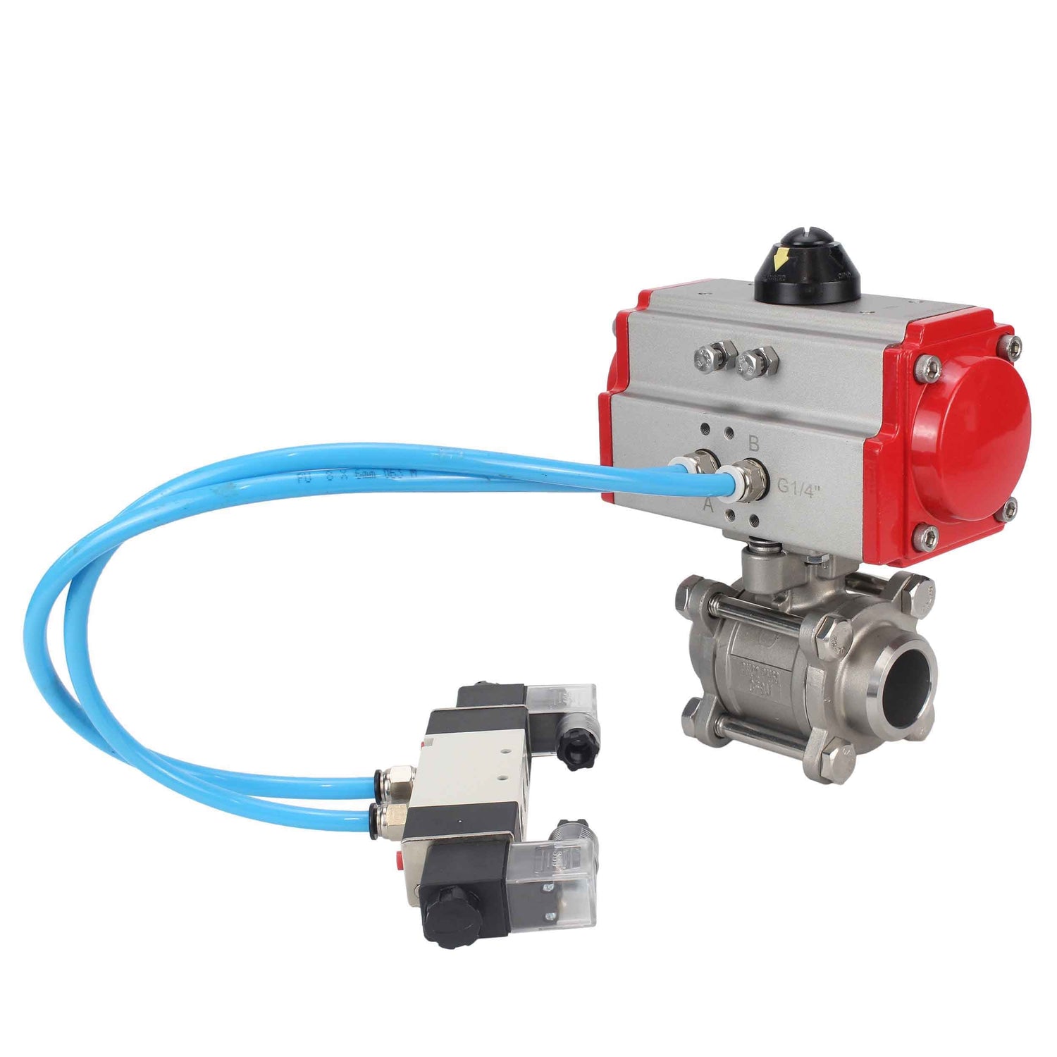 Kugelhähne Elephant BV3232P(3pc)-FP-W-ISO-H 16 bar/25, voller Durchgang zum Schweißen, Edelstahl SS316, Dichtung - PTFE, mit doppeltwirkendem PA-DA Pneumatik-Antrieb, mit Pneumatikverteiler 4V320-10 220V