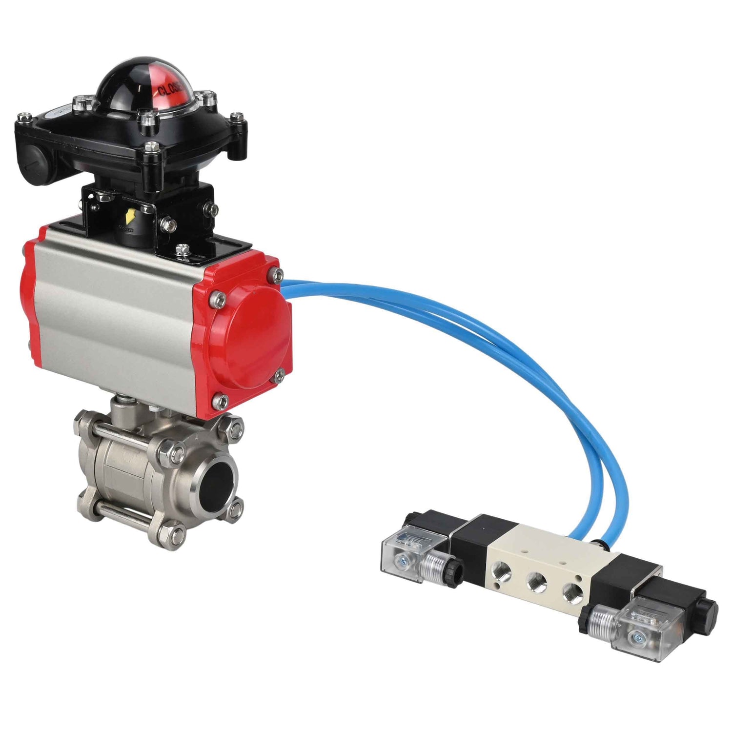 Kugelhähne Elephant BV3232P(3pc)-FP-W-ISO-H 16 bar/25, voller Durchgang zum Schweißen, Edelstahl SS316, Dichtung - PTFE, mit doppeltwirkendem PA-DA Pneumatik-Antrieb, mit Pneumatikverteiler 4V320-08 220V, mit LSU APL-210N