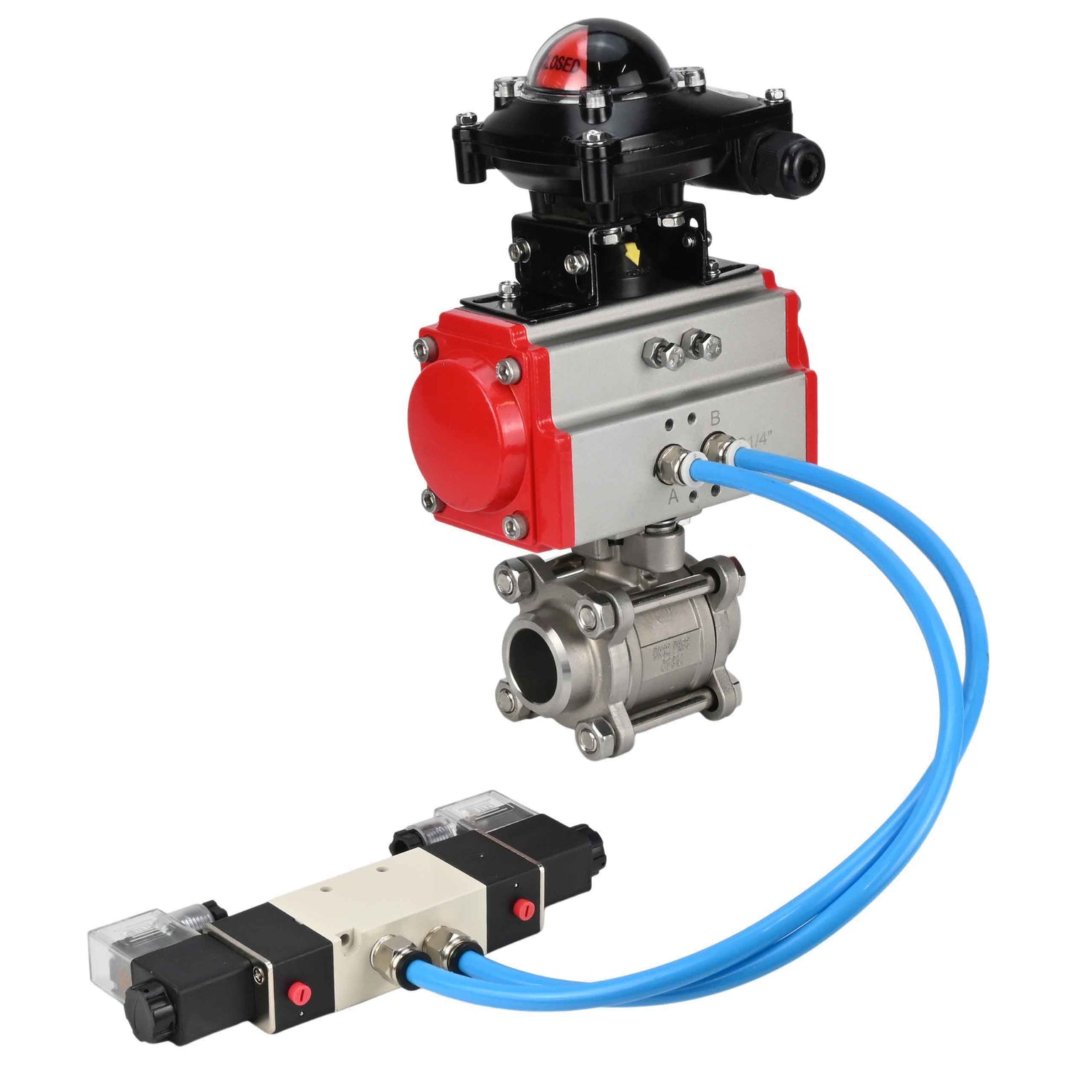 Kugelhähne Elephant BV3232P(3pc)-FP-W-ISO-H 16 bar/25, voller Durchgang zum Schweißen, Edelstahl SS316, Dichtung - PTFE, mit doppeltwirkendem PA-DA Pneumatik-Antrieb, mit Pneumatikverteiler 4V320-10 220V, mit LSU APL-210N