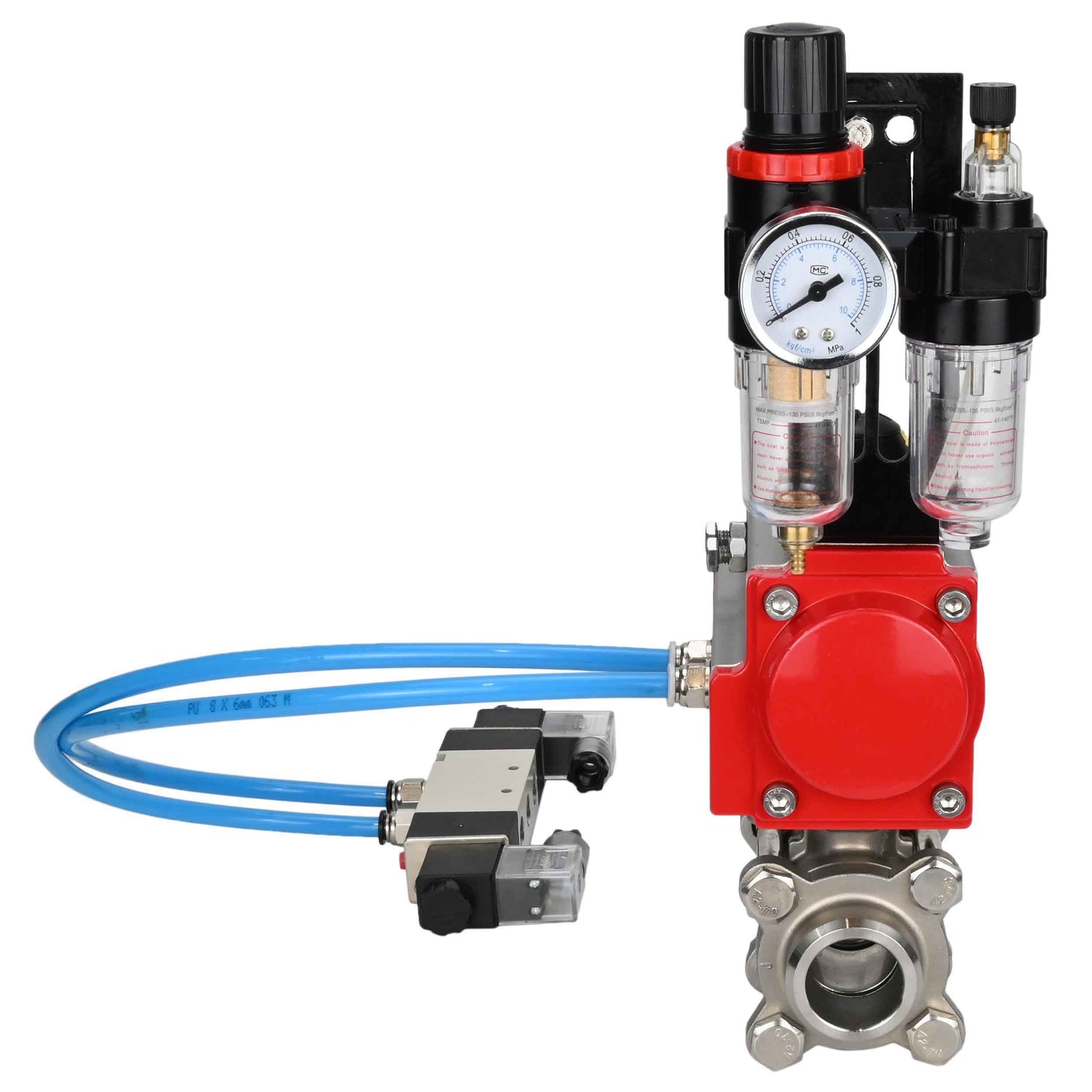 Kugelhähne Elephant BV3232P(3pc)-FP-W-ISO-H 16 bar/25, Vollbohrung zum Schweißen, Edelstahl SS316, Dichtung - PTFE, mit doppeltwirkendem PA-DA Pneumatik-Antrieb, mit Pneumatikverteiler 4V320-10 220V, mit ATU AFC2000